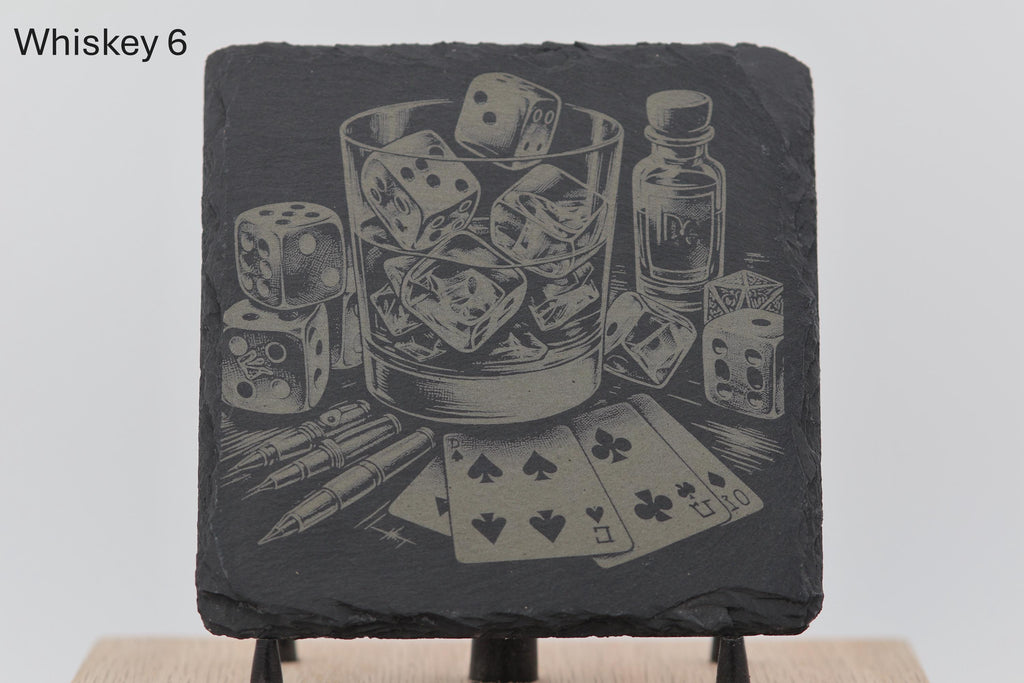 Laser engraved slate whiskey coasters: pick & choose home bar decor
