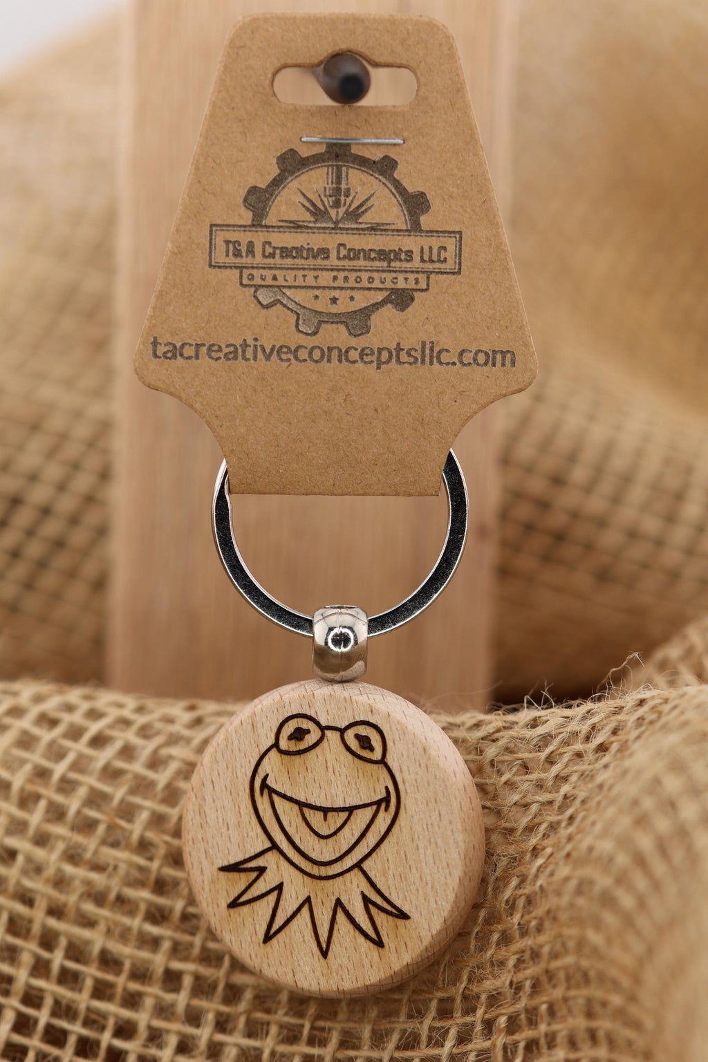 Laser engraved Kermit the Frog keychain / bag charm: double-sided hardwood, stainless steel keyring