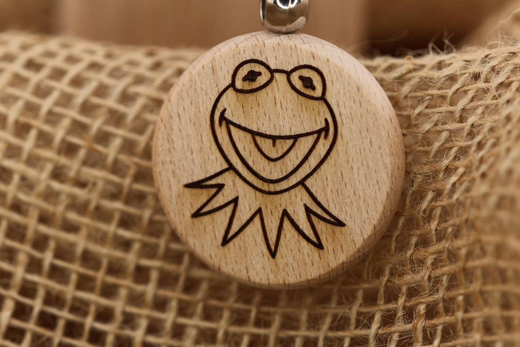 Laser engraved Kermit the Frog keychain / bag charm: double-sided hardwood, stainless steel keyring