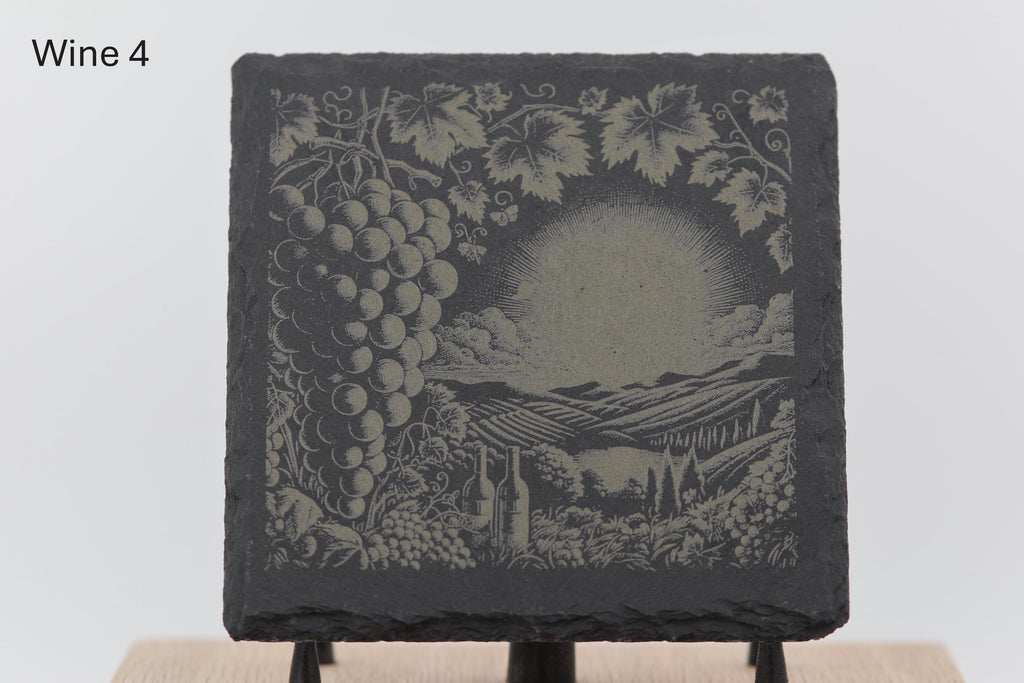 Laser engraved slate wine coasters: rustic home bar decor