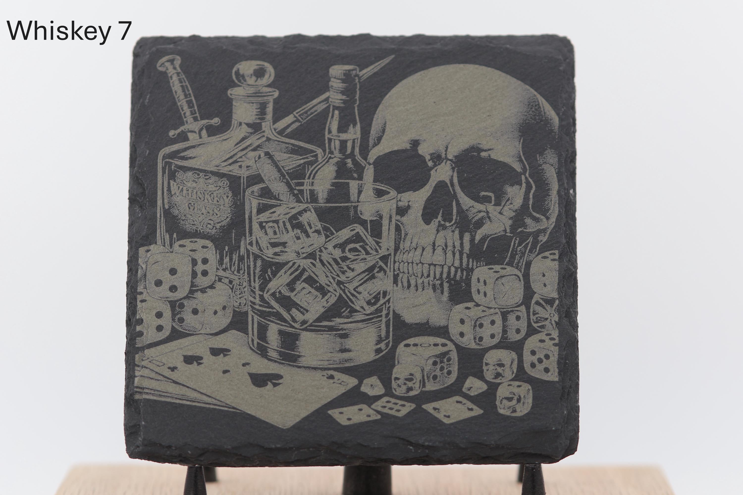 Laser engraved slate whiskey coasters: pick & choose home bar decor