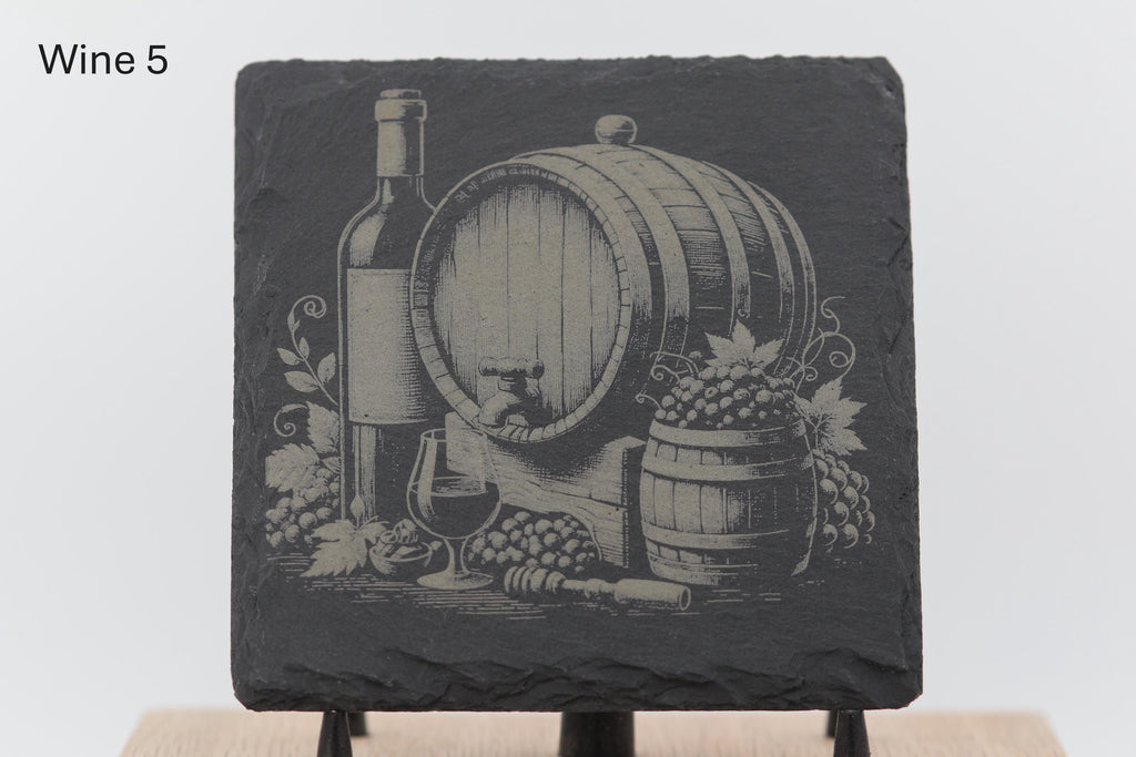 Laser engraved slate wine coasters: rustic home bar decor