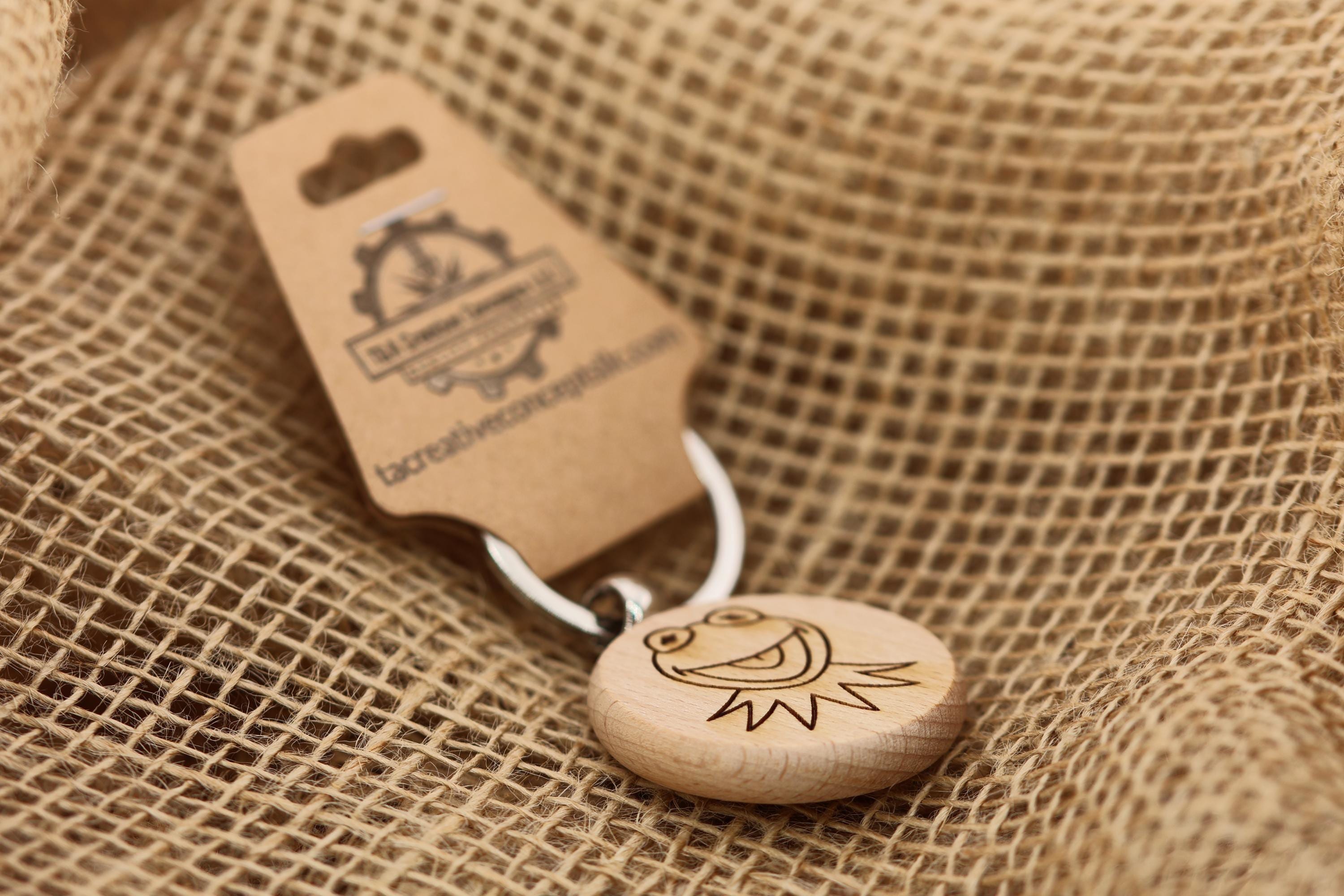 Laser engraved Kermit the Frog keychain / bag charm: double-sided hardwood, stainless steel keyring