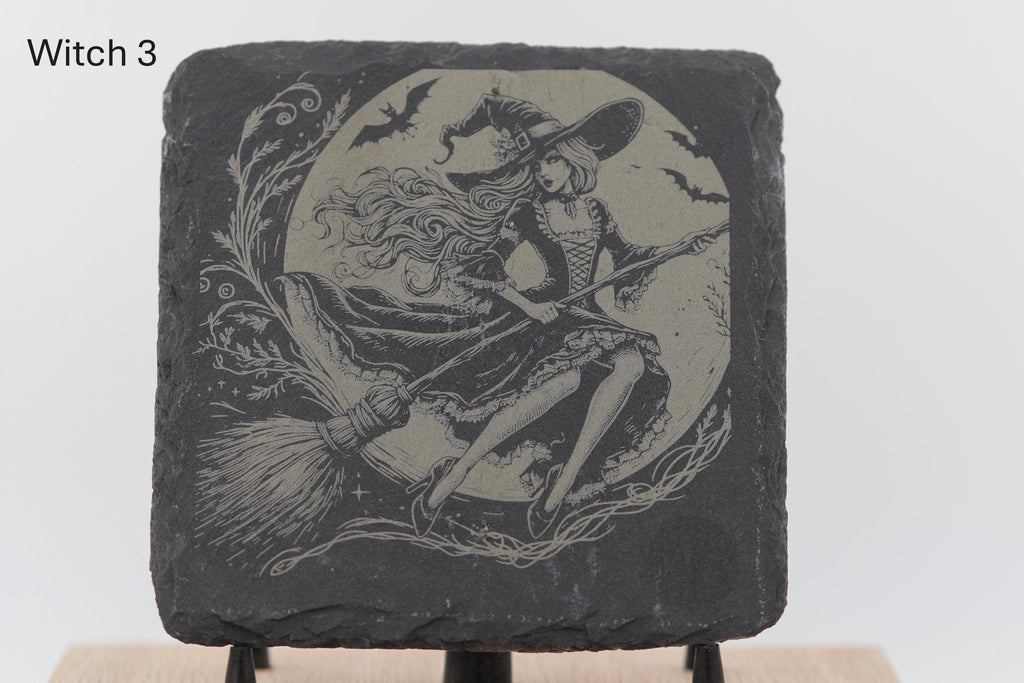 Laser engraved slate coasters - witches series - home bar gift
