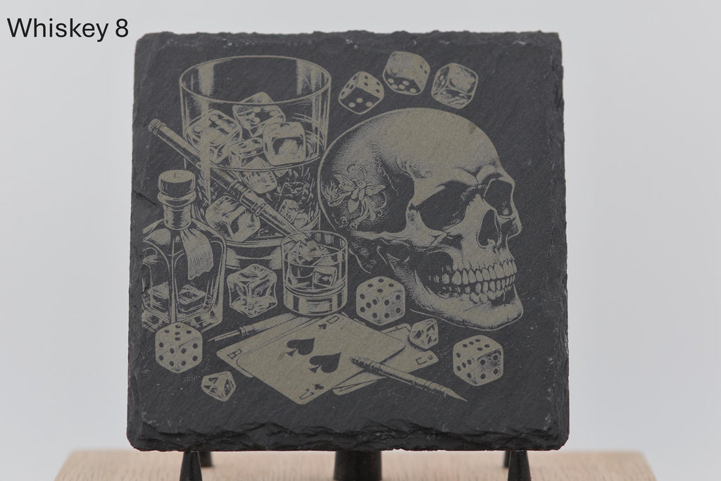 Laser engraved slate whiskey coasters: pick & choose home bar decor