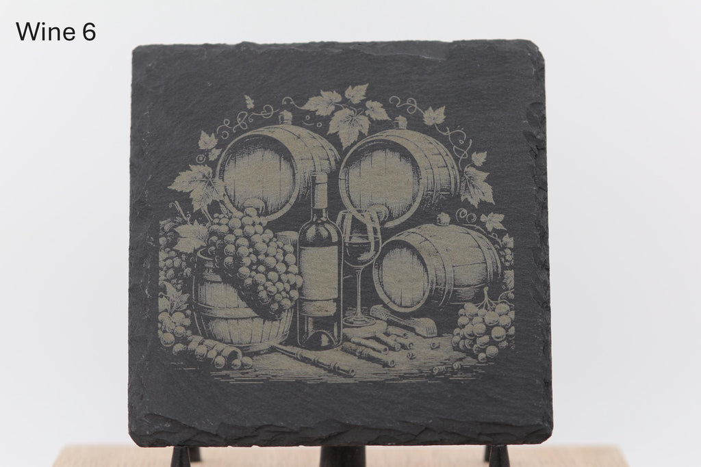 Laser engraved slate wine coasters: rustic home bar decor