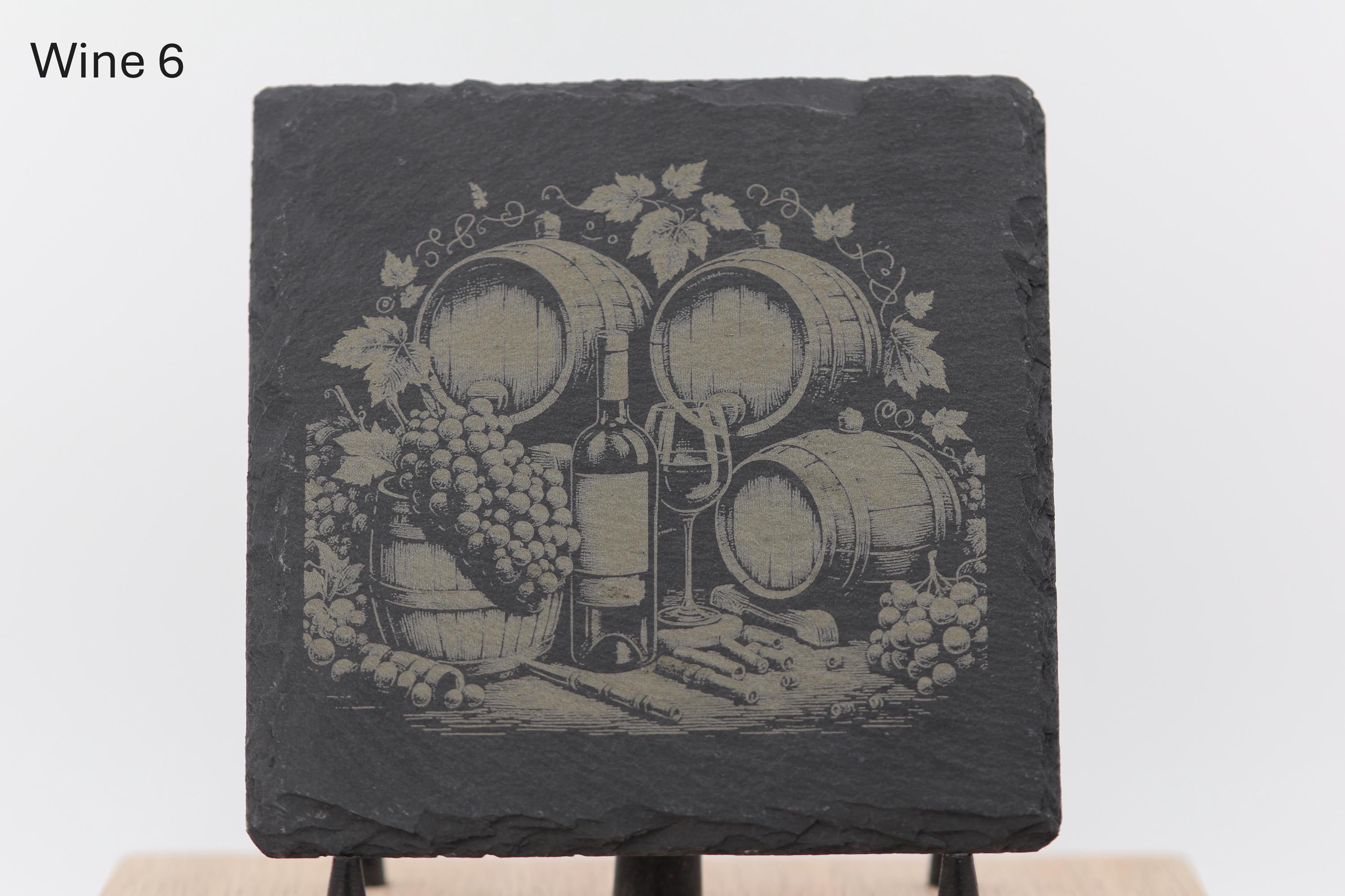 Laser engraved slate wine coasters: rustic home bar decor