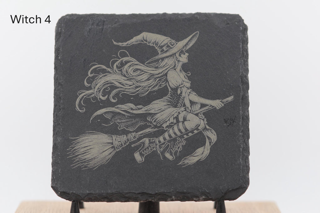 Laser engraved slate coasters - witches series - home bar gift