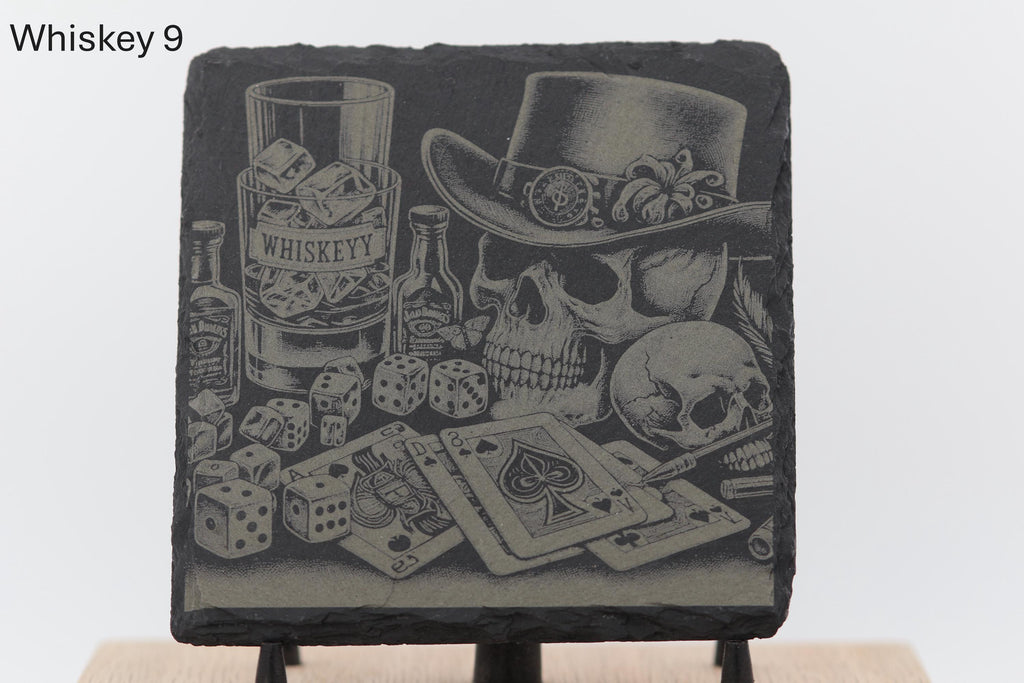 Laser engraved slate whiskey coasters: pick & choose home bar decor