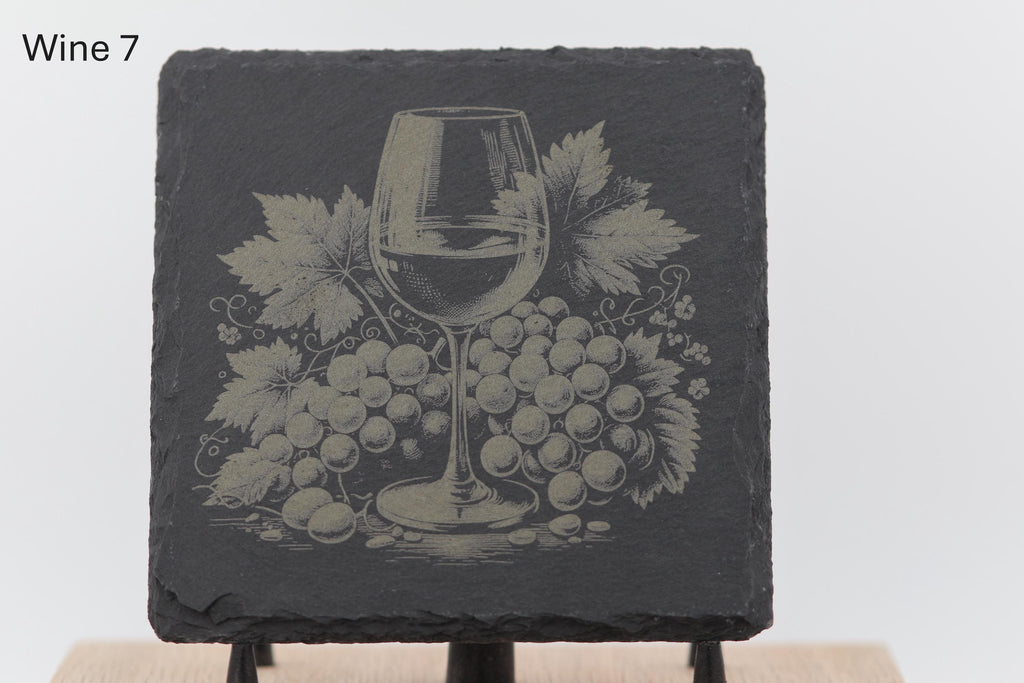 Laser engraved slate wine coasters: rustic home bar decor