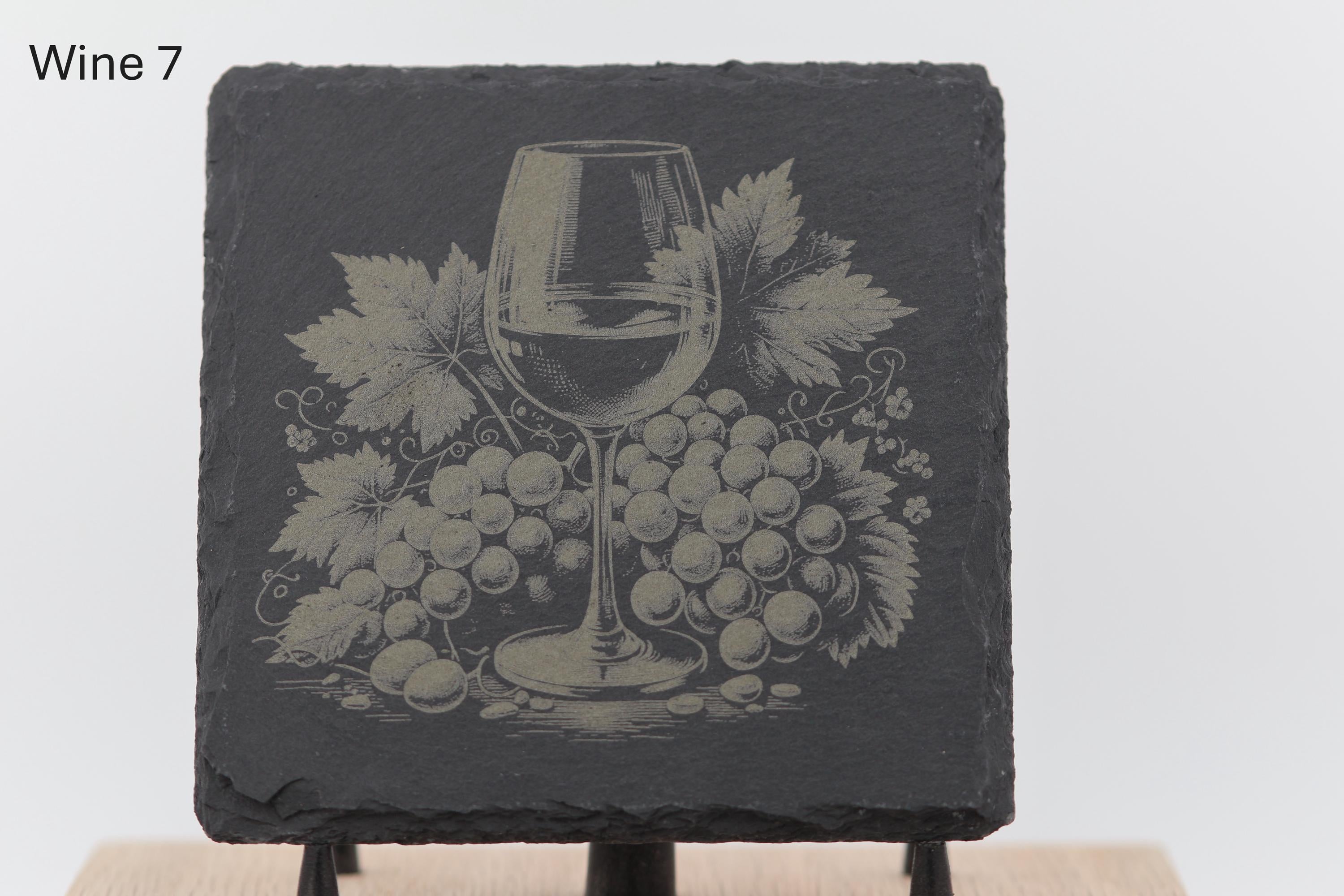 Laser engraved slate wine coasters: rustic home bar decor