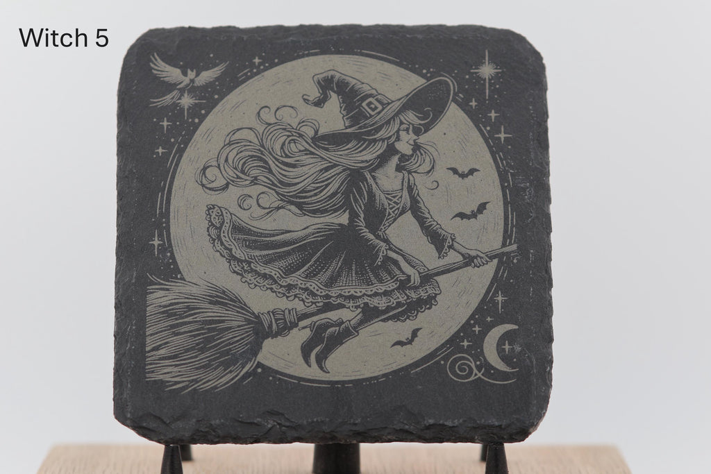 Laser engraved slate coasters - witches series - home bar gift