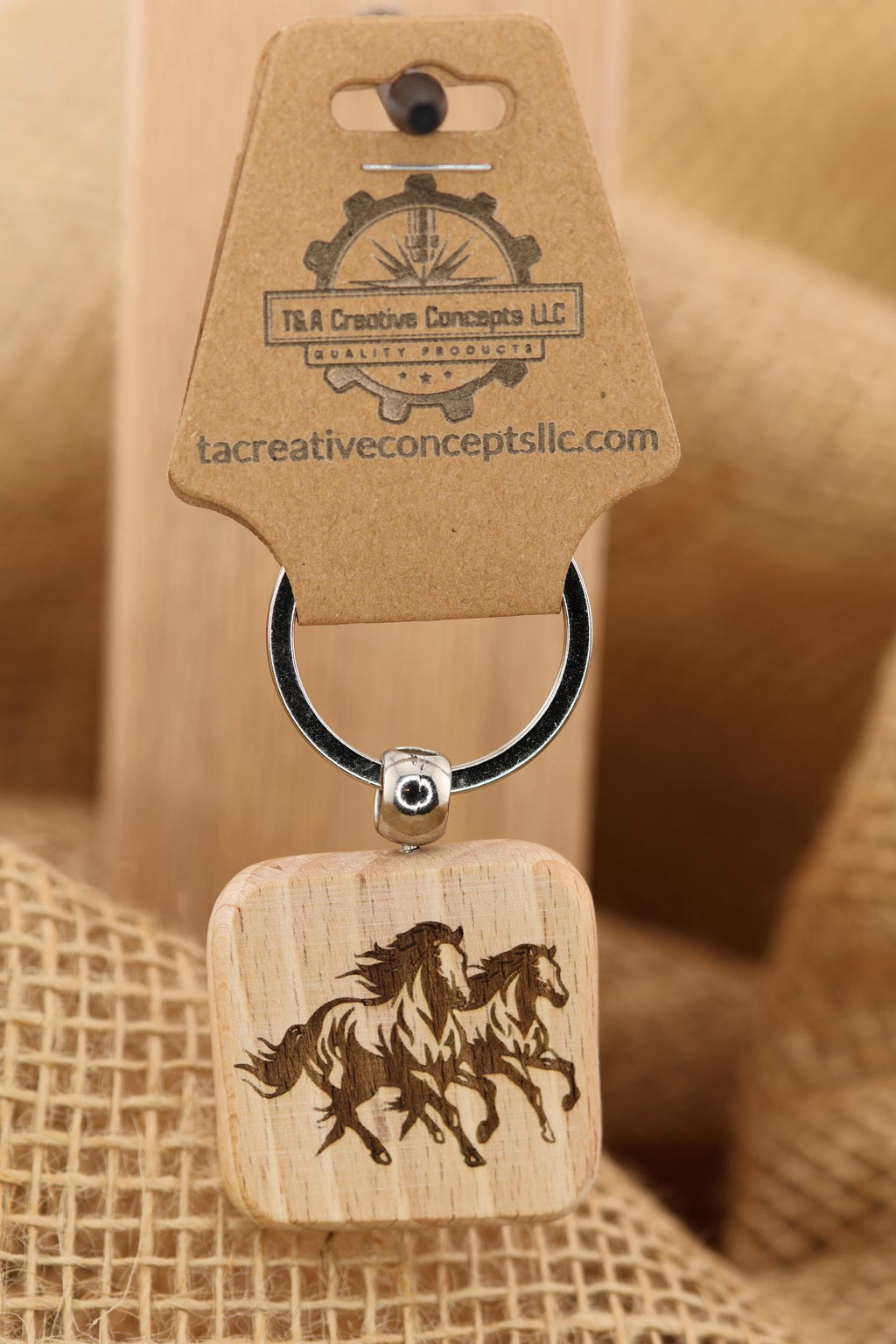 Laser engraved wild horses keychain / bag charm: hardwood & stainless steel