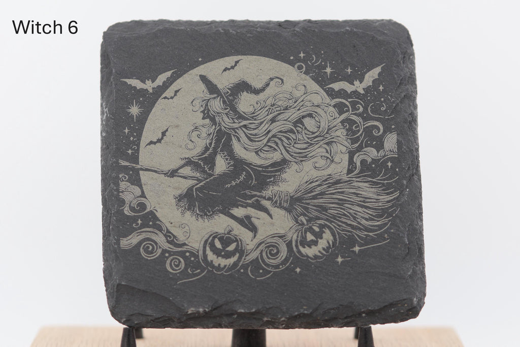 Laser engraved slate coasters - witches series - home bar gift
