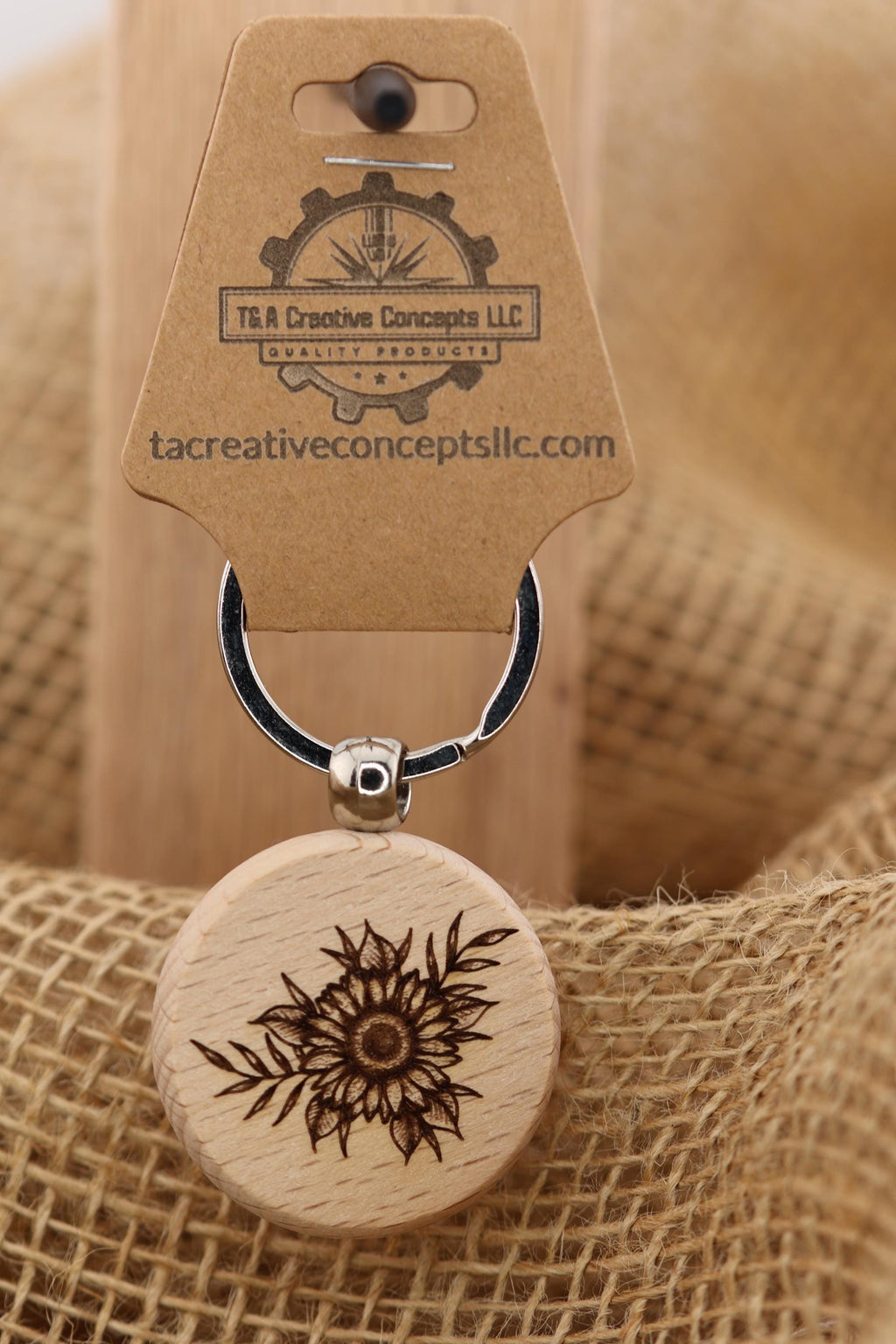Laser engraved sunflower keychain / bag charm: double-sided hardwood with stainless steel keyring