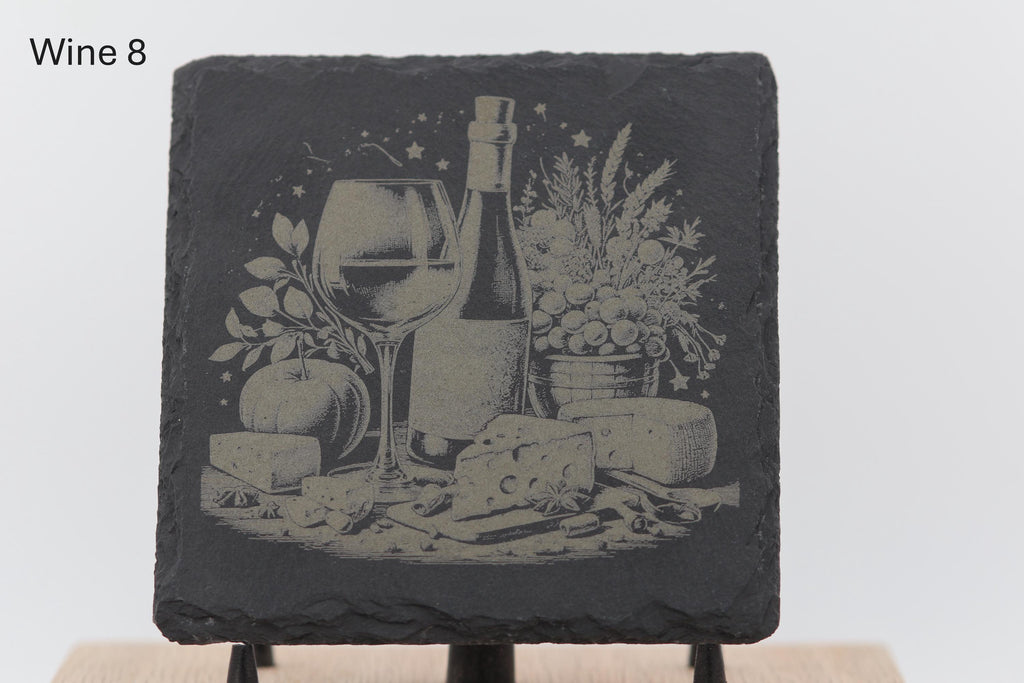 Laser engraved slate wine coasters: rustic home bar decor