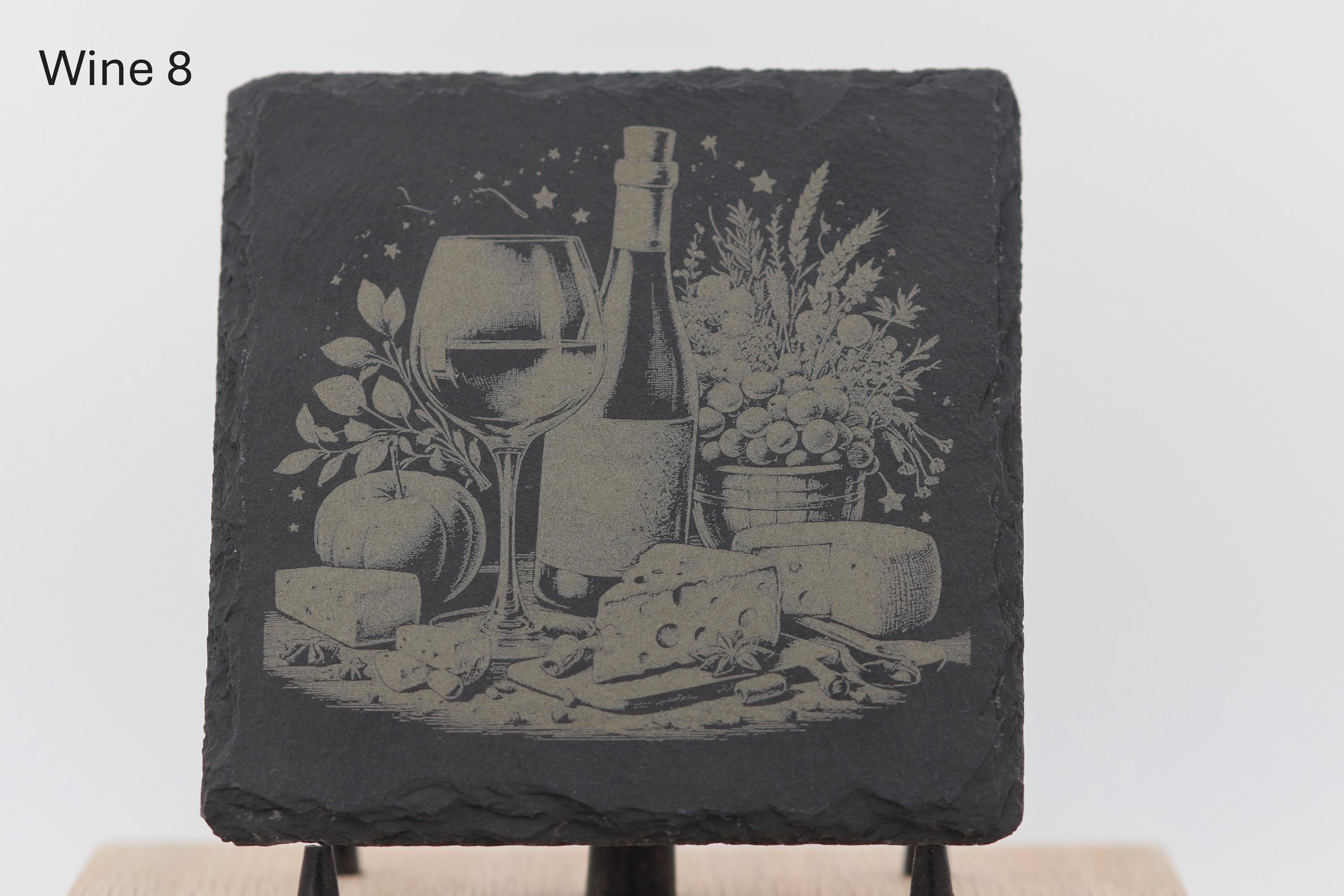 Laser engraved slate wine coasters: rustic home bar decor