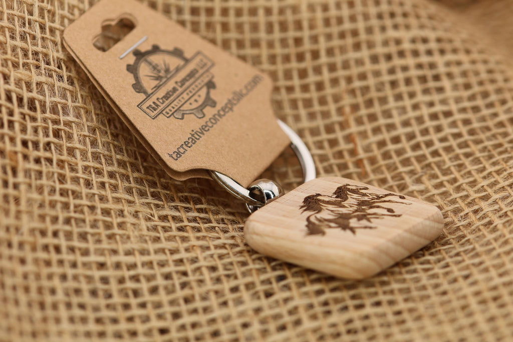 Laser engraved wild horses keychain / bag charm: hardwood & stainless steel