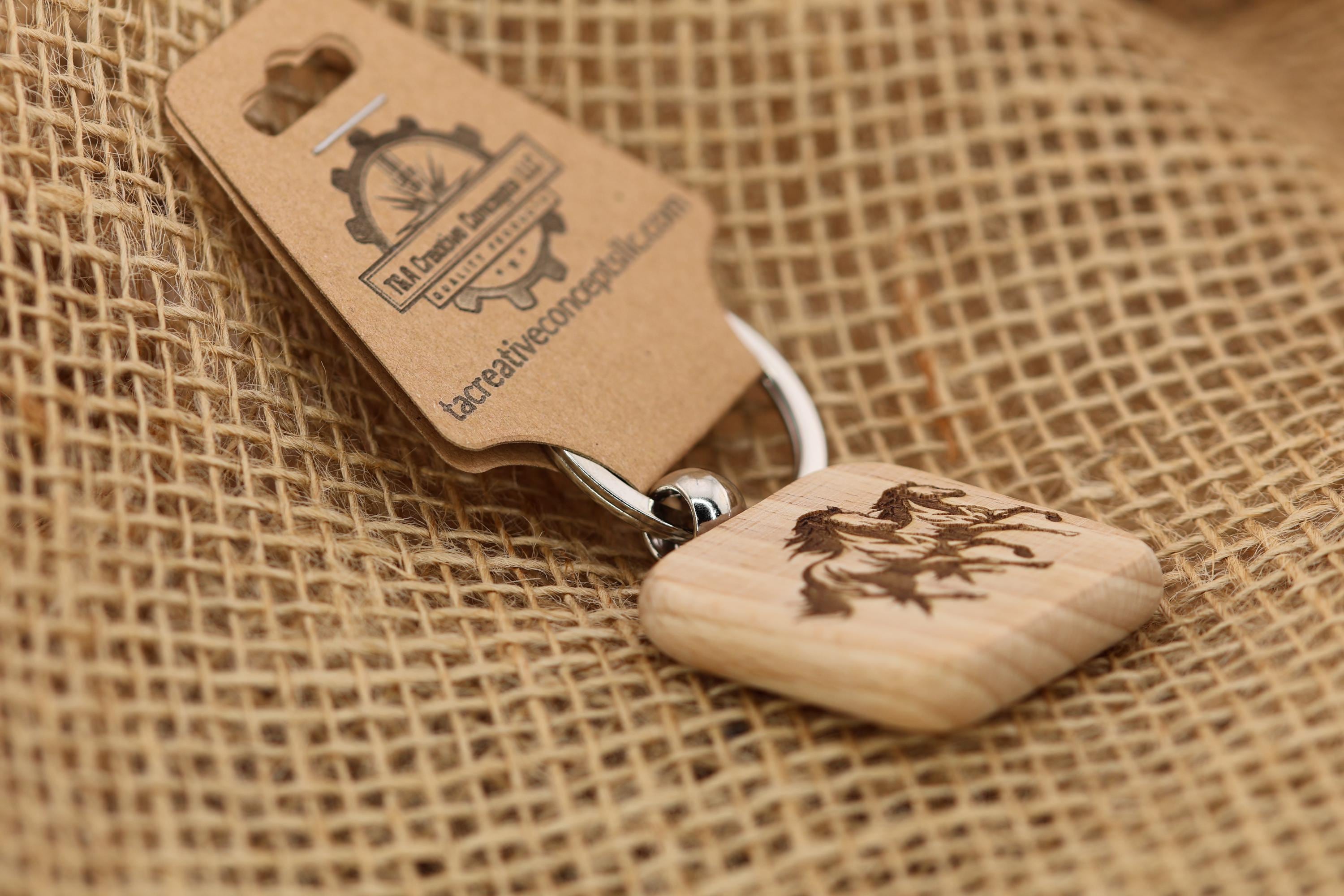 Laser engraved wild horses keychain / bag charm: hardwood & stainless steel