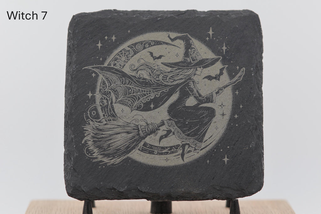 Laser engraved slate coasters - witches series - home bar gift