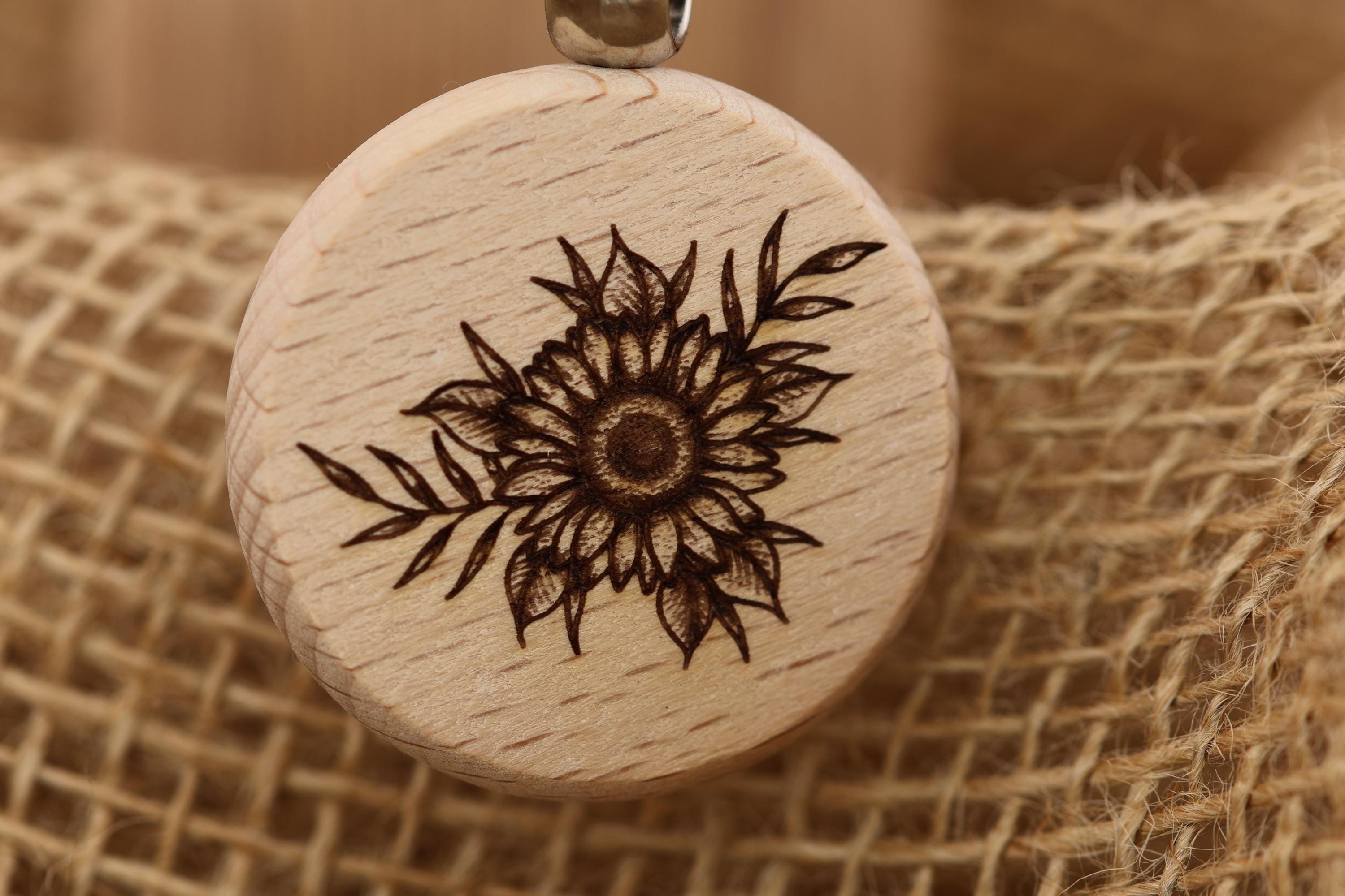 Laser engraved sunflower keychain / bag charm: double-sided hardwood with stainless steel keyring