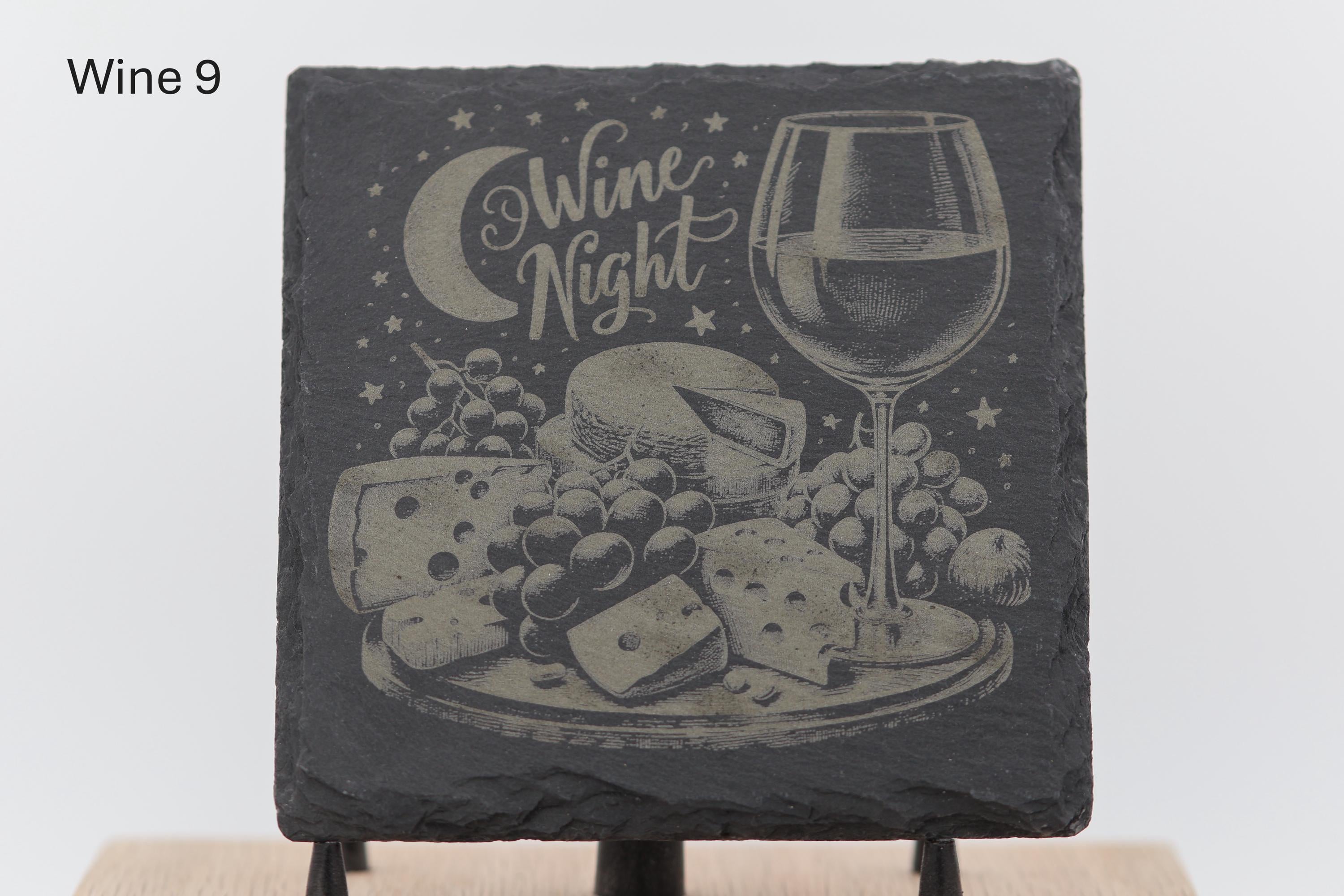 Laser engraved slate wine coasters: rustic home bar decor