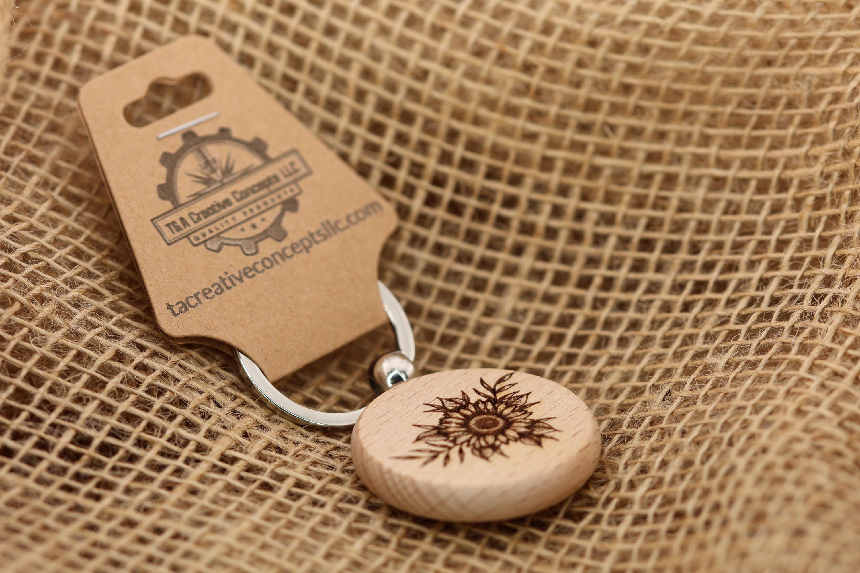 Laser engraved sunflower keychain / bag charm: double-sided hardwood with stainless steel keyring