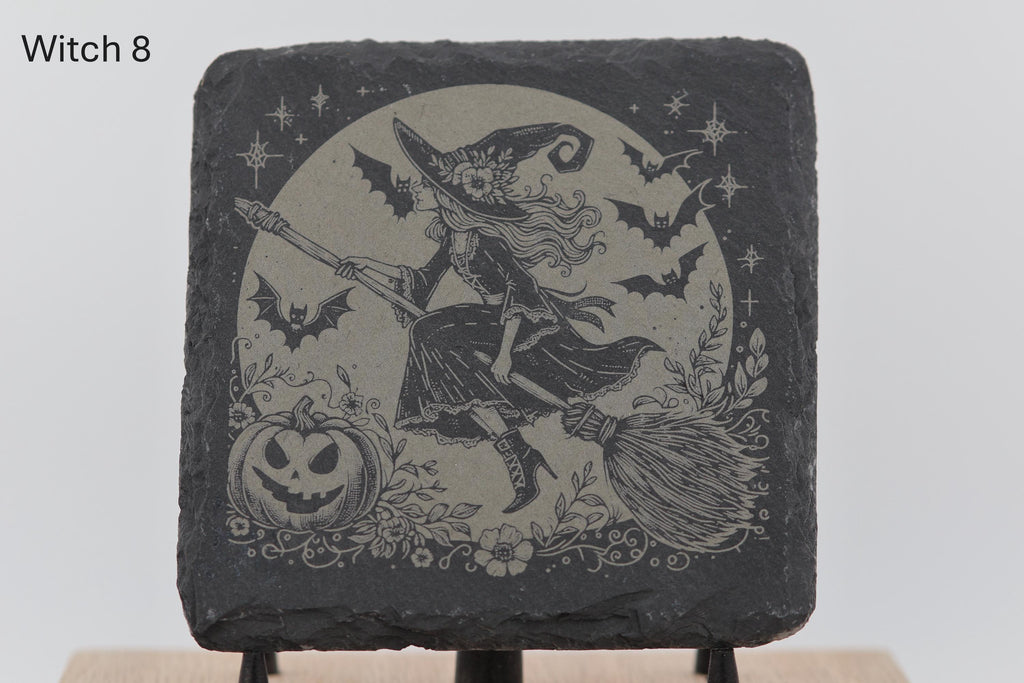 Laser engraved slate coasters - witches series - home bar gift
