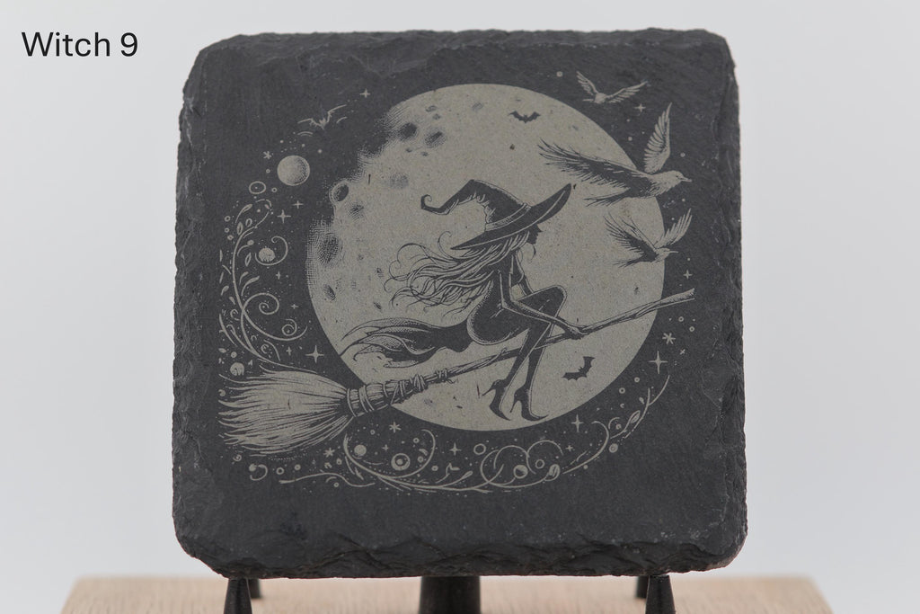 Laser engraved slate coasters - witches series - home bar gift