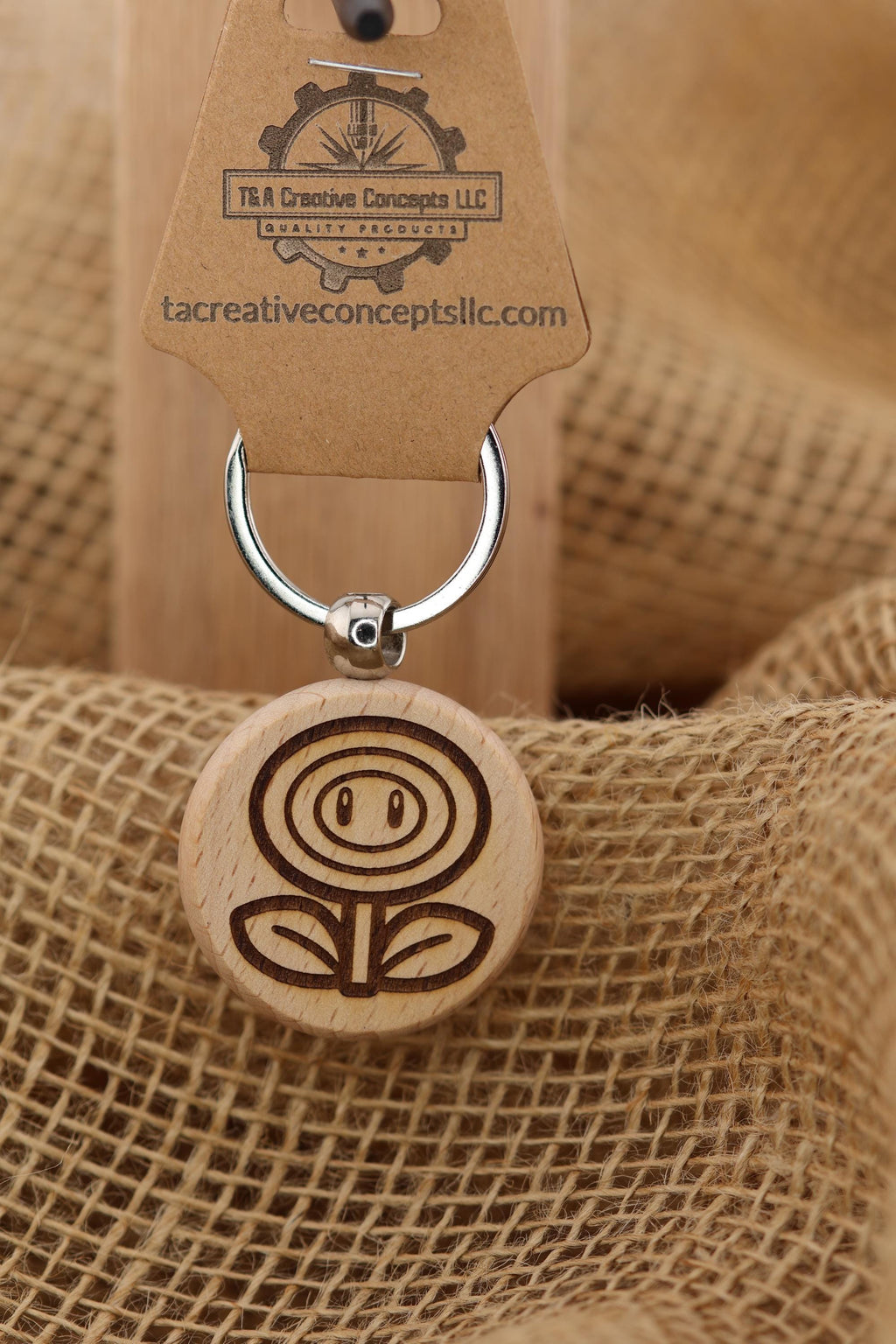 Mario Bros. Firepower Flower keychain / bag charm: laser engraved wood, stainless steel keyring