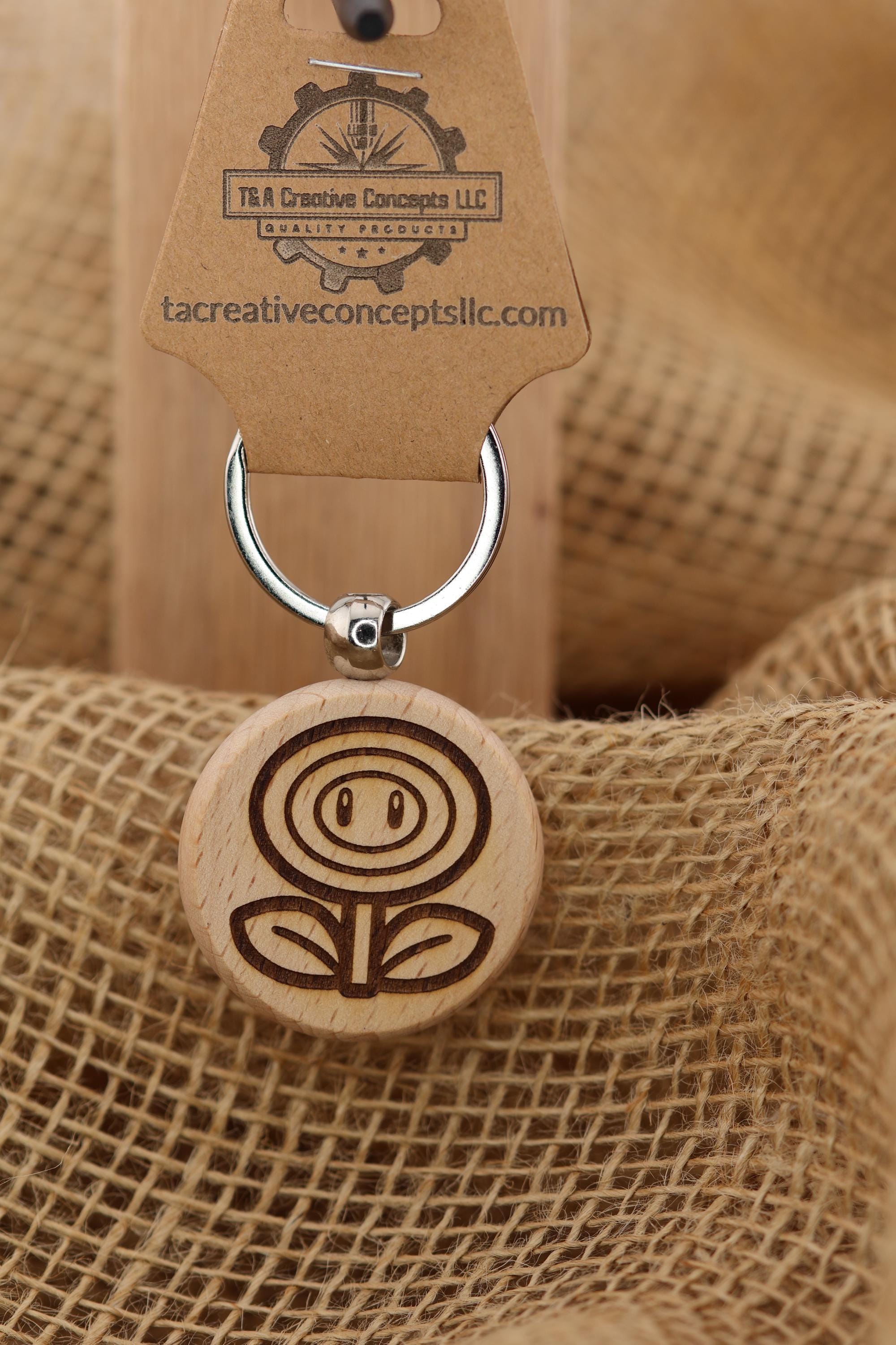 Mario Bros. Firepower Flower keychain / bag charm: laser engraved wood, stainless steel keyring
