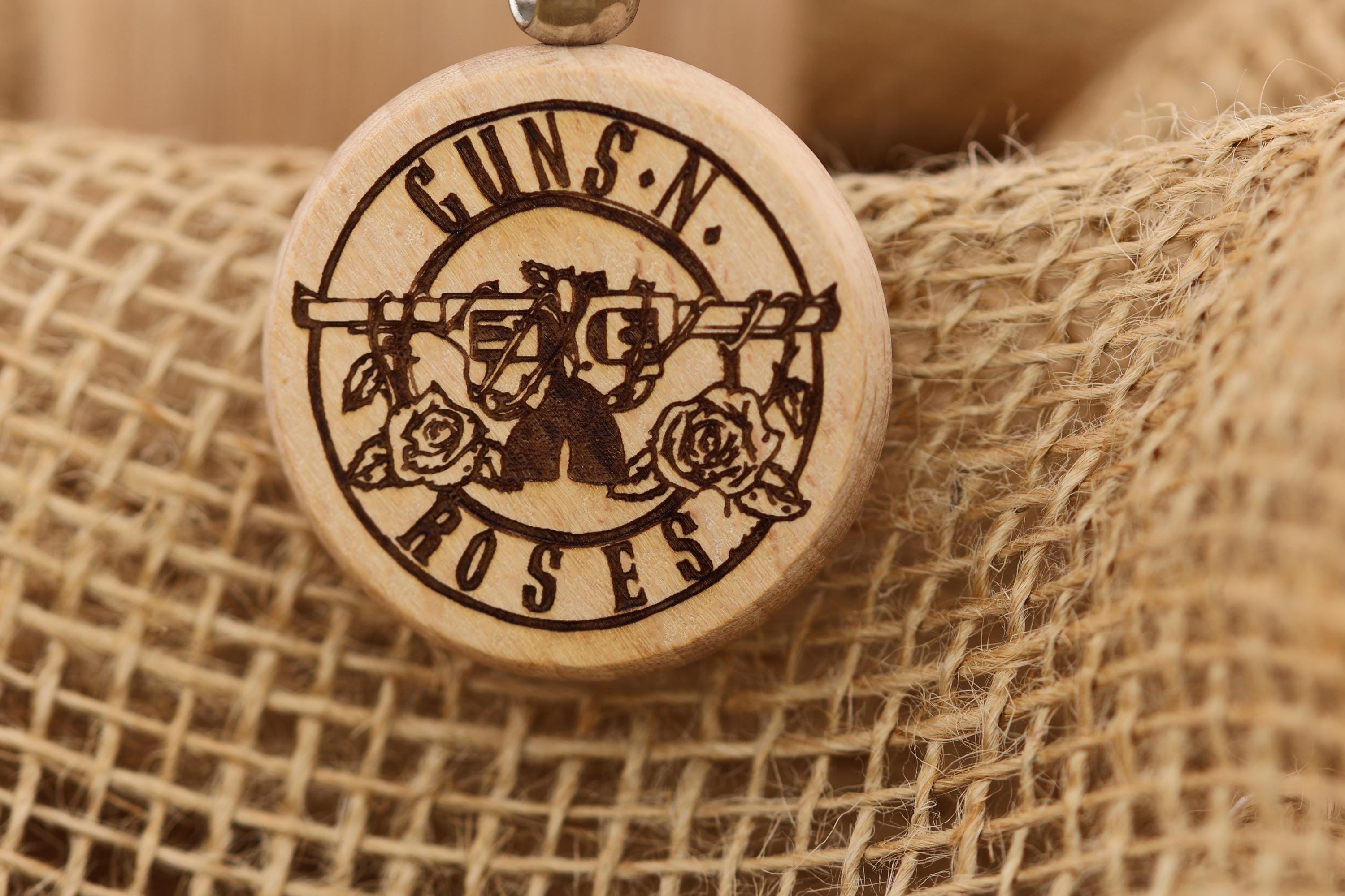 Guns n’ roses keychain / bag charm – double-sided laser engraved wood with stainless steel keyring, rock band fan gift