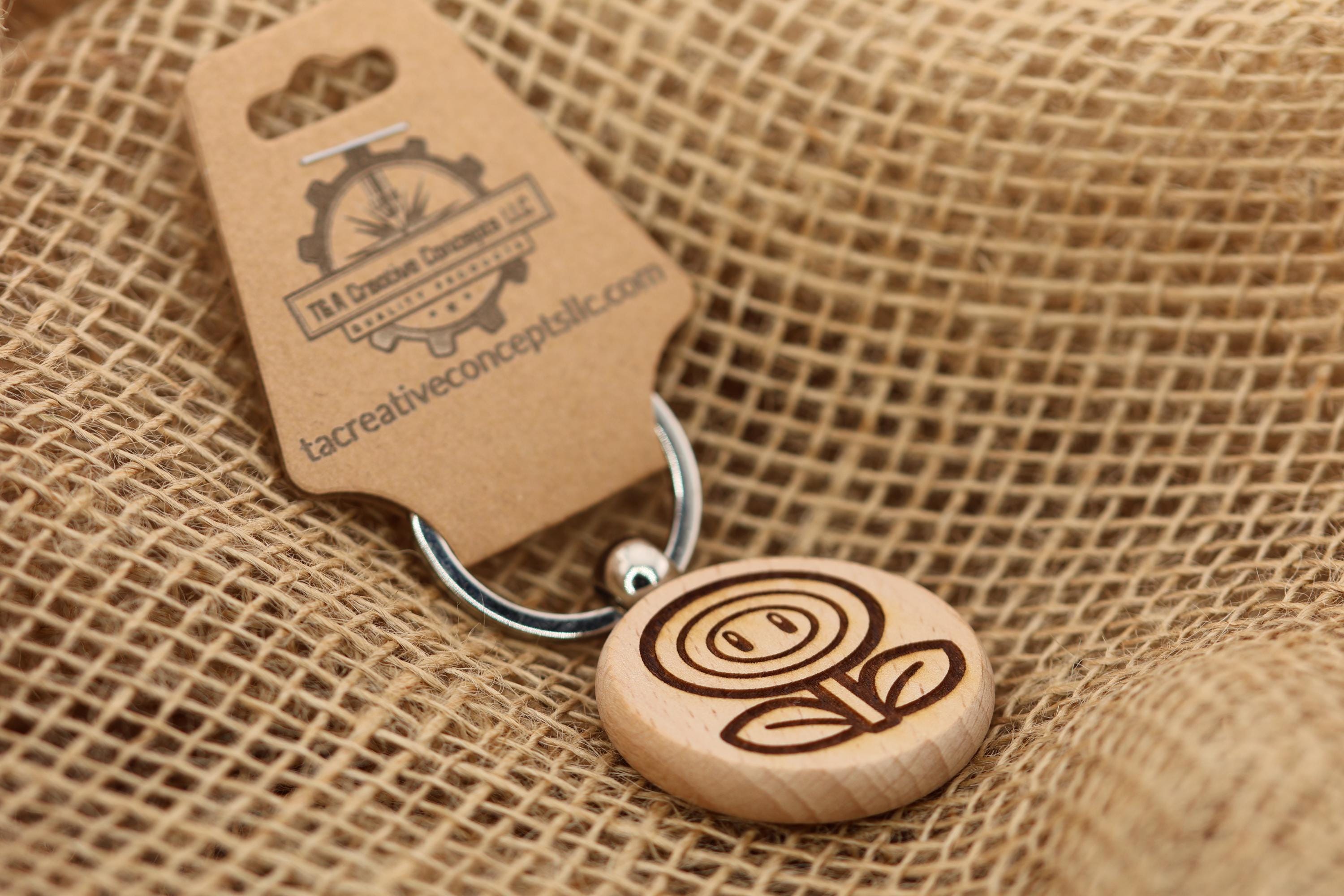 Mario Bros. Firepower Flower keychain / bag charm: laser engraved wood, stainless steel keyring