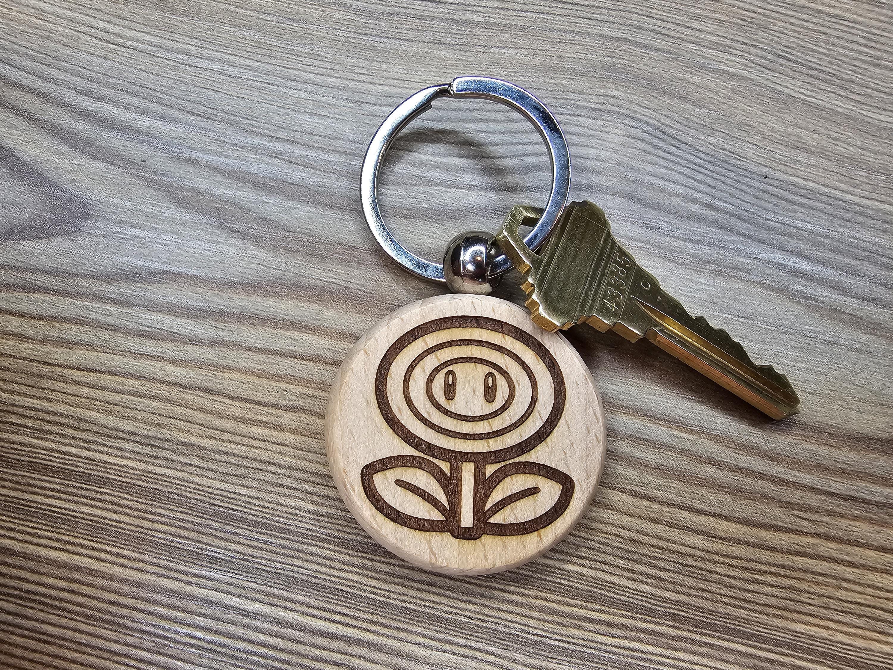Mario Bros. Firepower Flower keychain / bag charm: laser engraved wood, stainless steel keyring