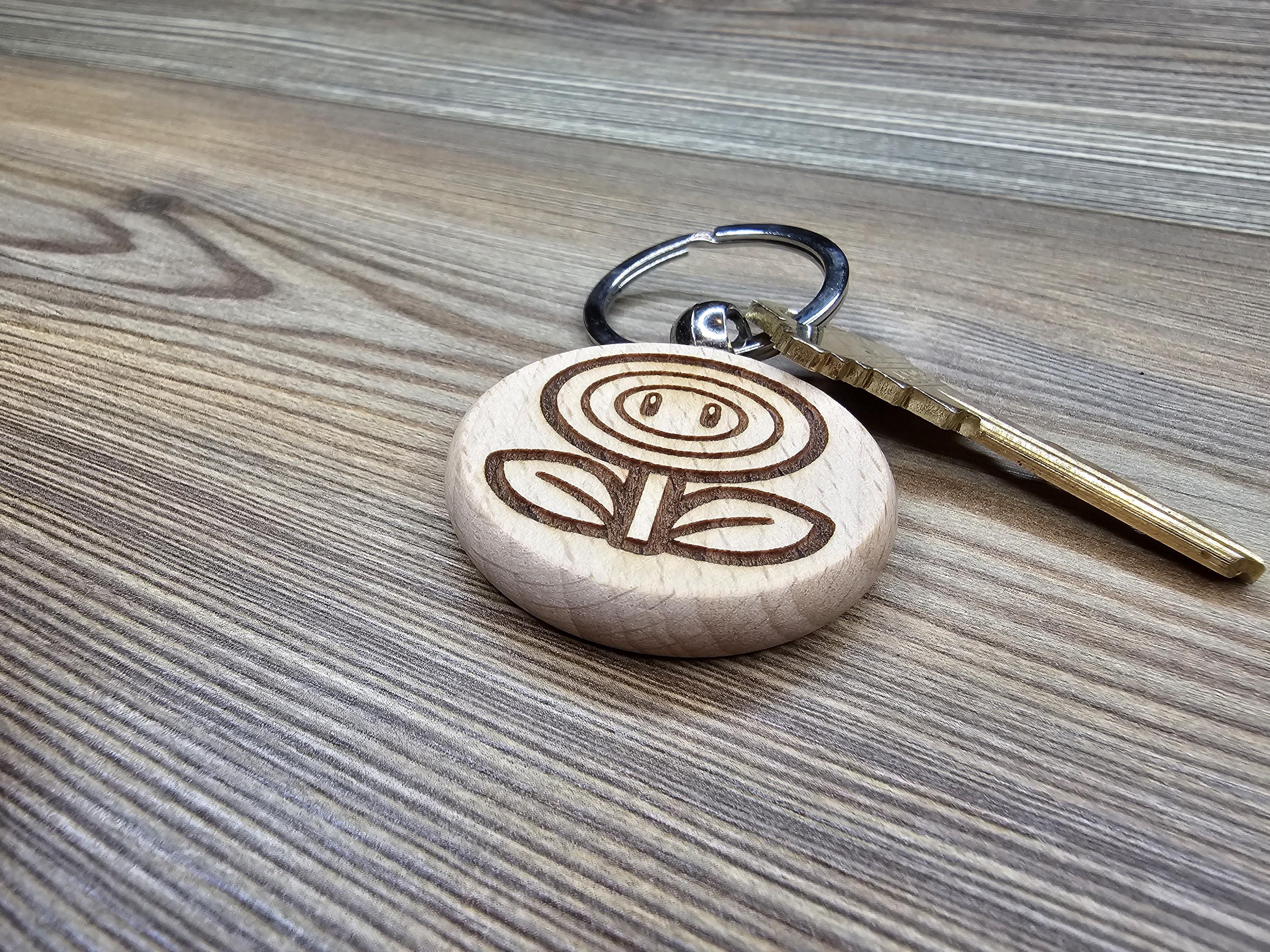 Mario Bros. Firepower Flower keychain / bag charm: laser engraved wood, stainless steel keyring