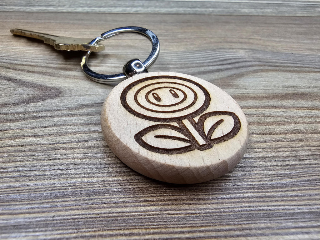 Mario Bros. Firepower Flower keychain / bag charm: laser engraved wood, stainless steel keyring