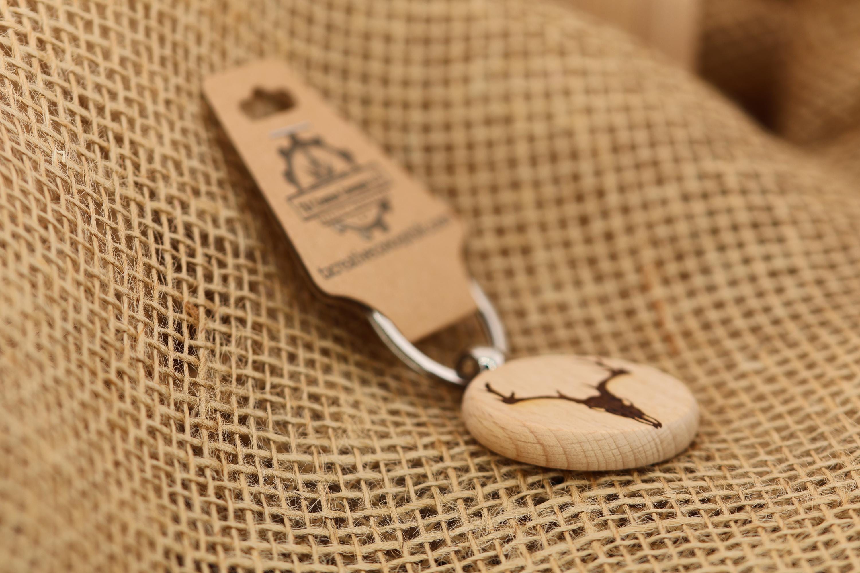 Laser engraved deere skull keychain / bag charm: hardwood, stainless steel keyring