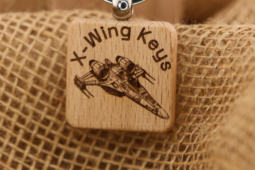 X-wing keychain: laser engraved wood, stainless steel keyring - star wars gift