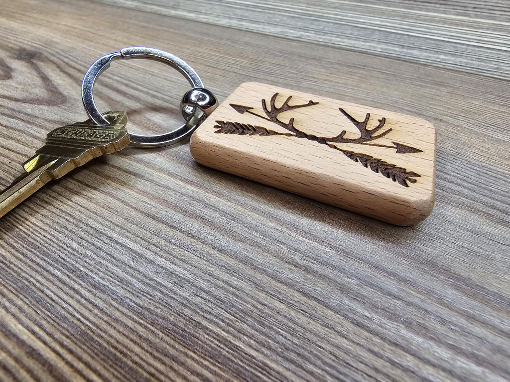 Laser engraved antlers and arrows keychain / bag charm: hardwood deer hunter gift