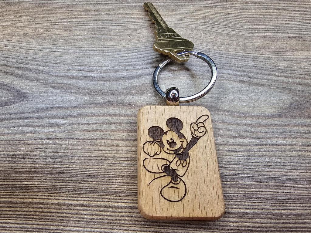 Mickey Mouse keychain / bag charm – double-sided laser engraved wood with stainless steel keyring, disney gift