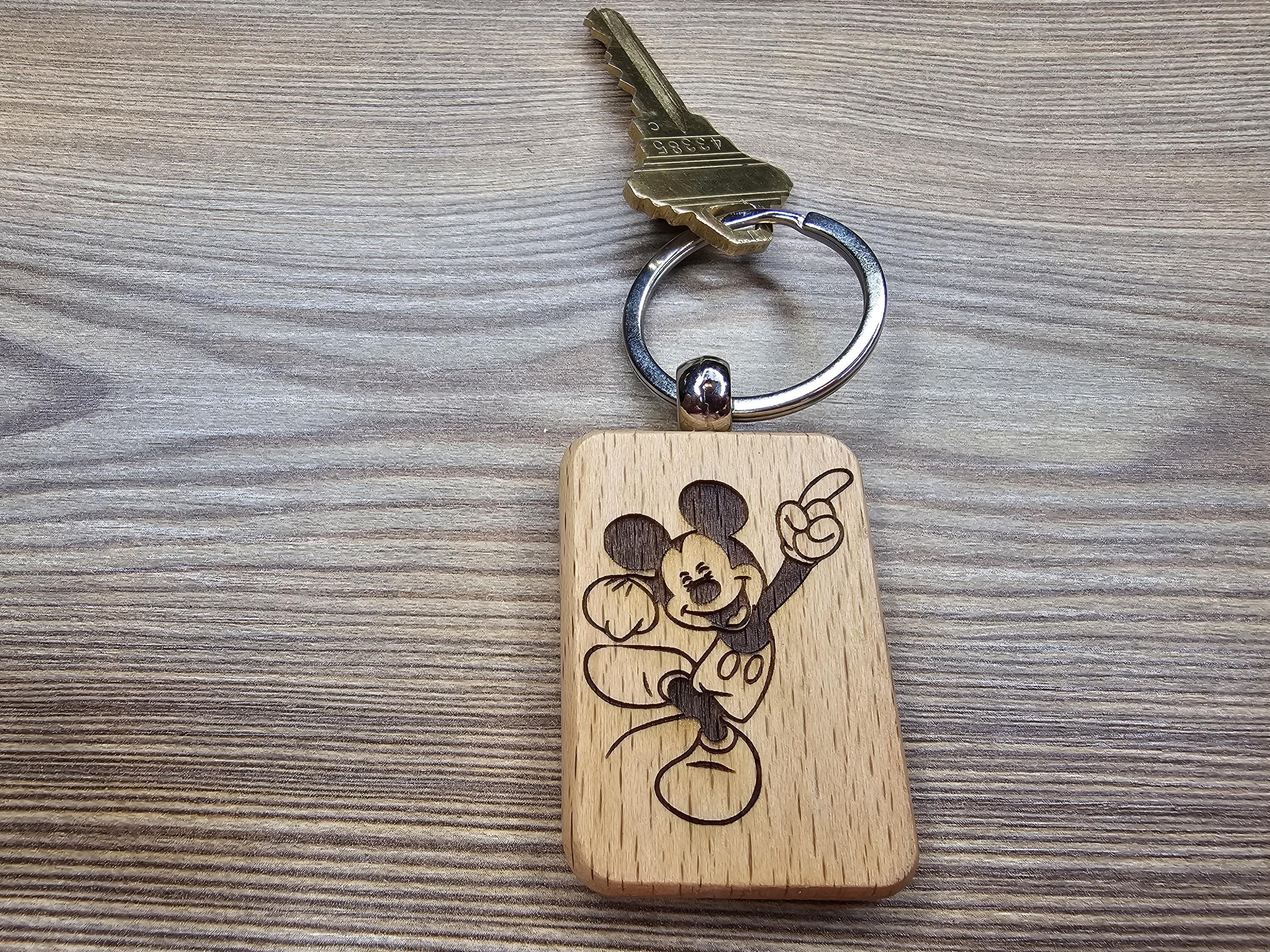 Mickey Mouse keychain / bag charm – double-sided laser engraved wood with stainless steel keyring, disney gift