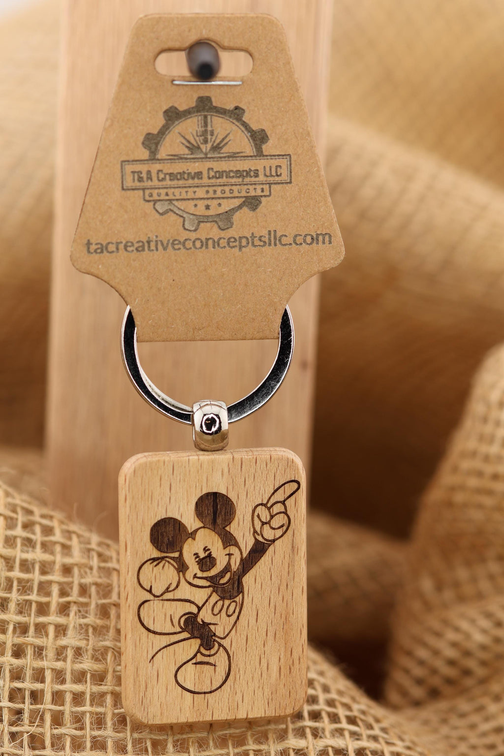 Mickey Mouse keychain / bag charm – double-sided laser engraved wood with stainless steel keyring, disney gift