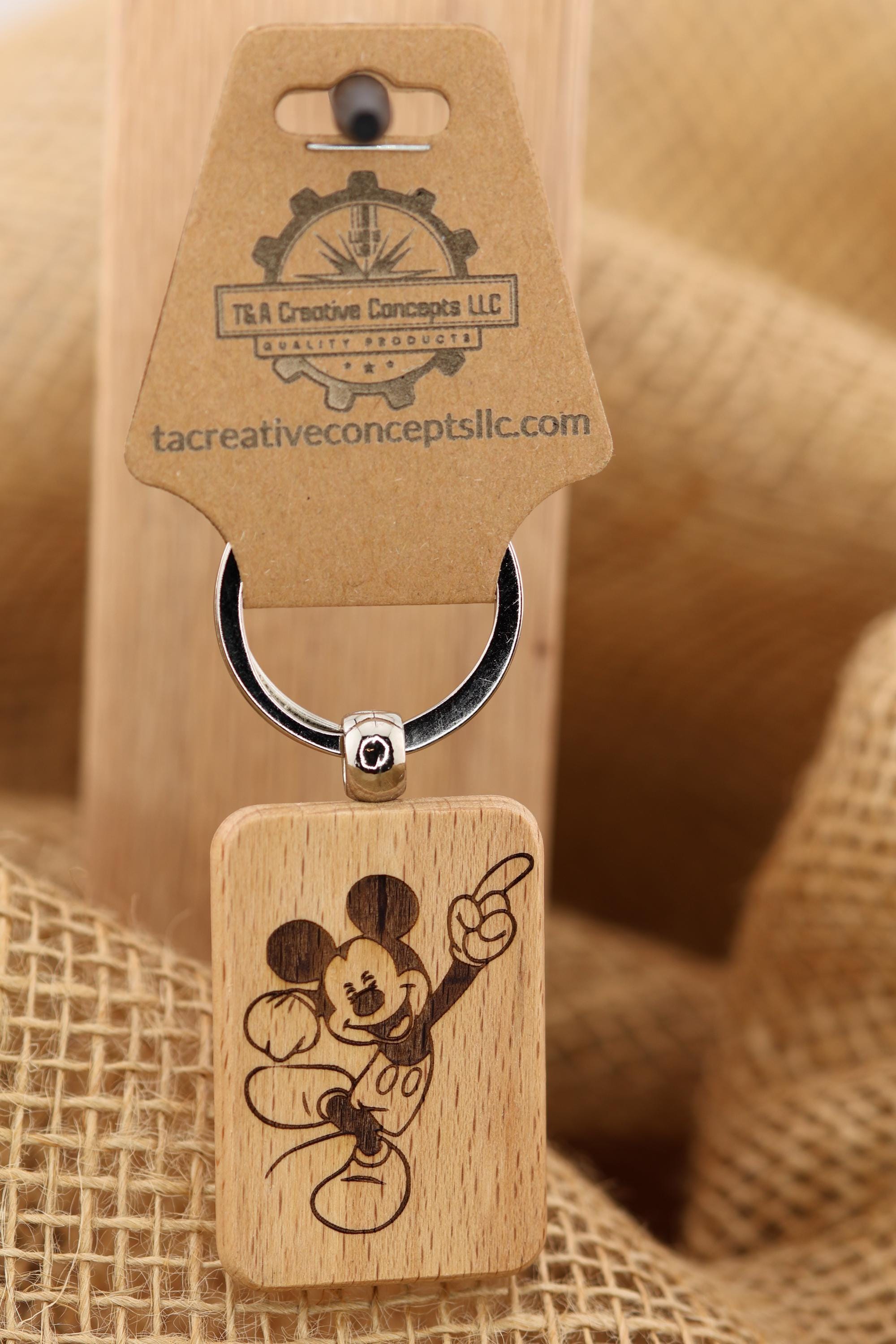 Mickey Mouse keychain / bag charm – double-sided laser engraved wood with stainless steel keyring, disney gift