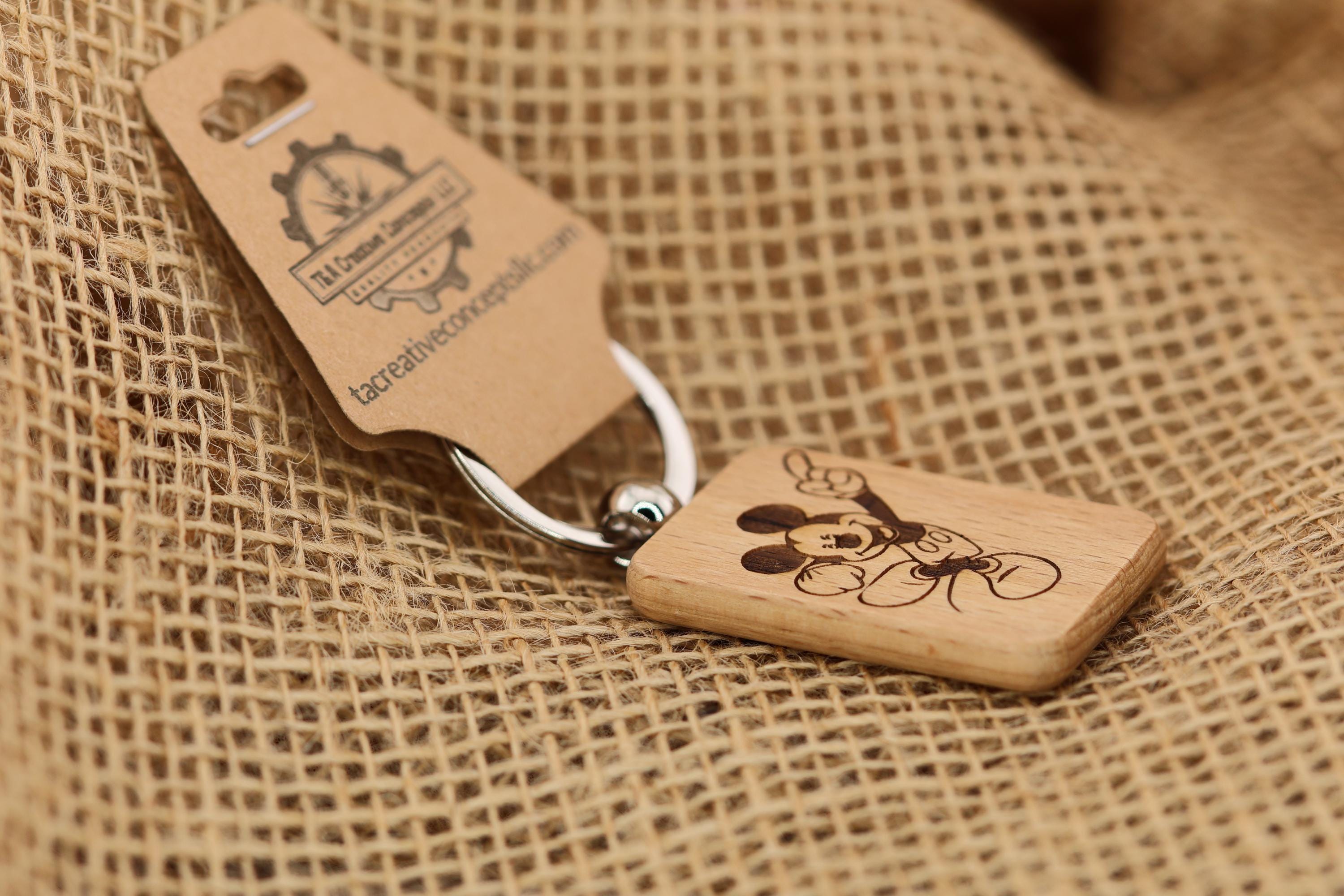 Mickey Mouse keychain / bag charm – double-sided laser engraved wood with stainless steel keyring, disney gift