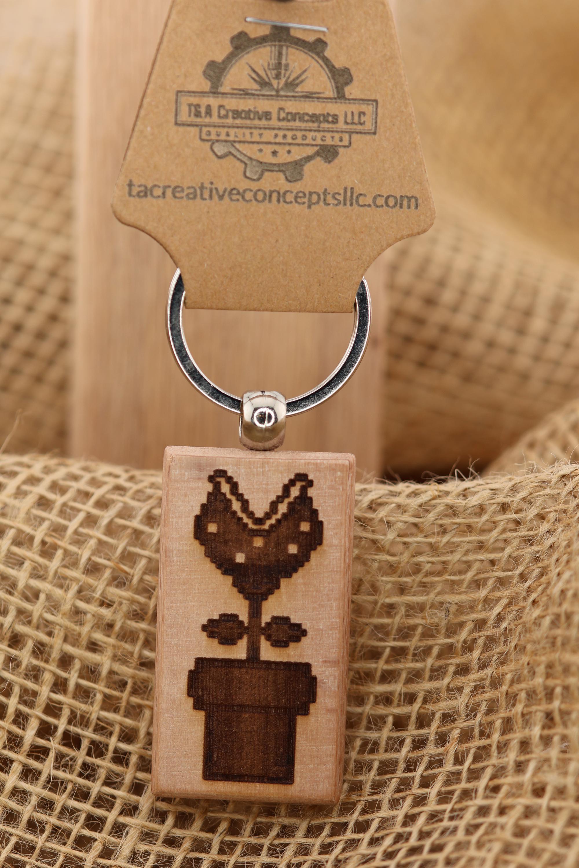 Laser engraved Mario Bros. Piranha Plant keychain / bag charm: hardwood nintendo gamer gift