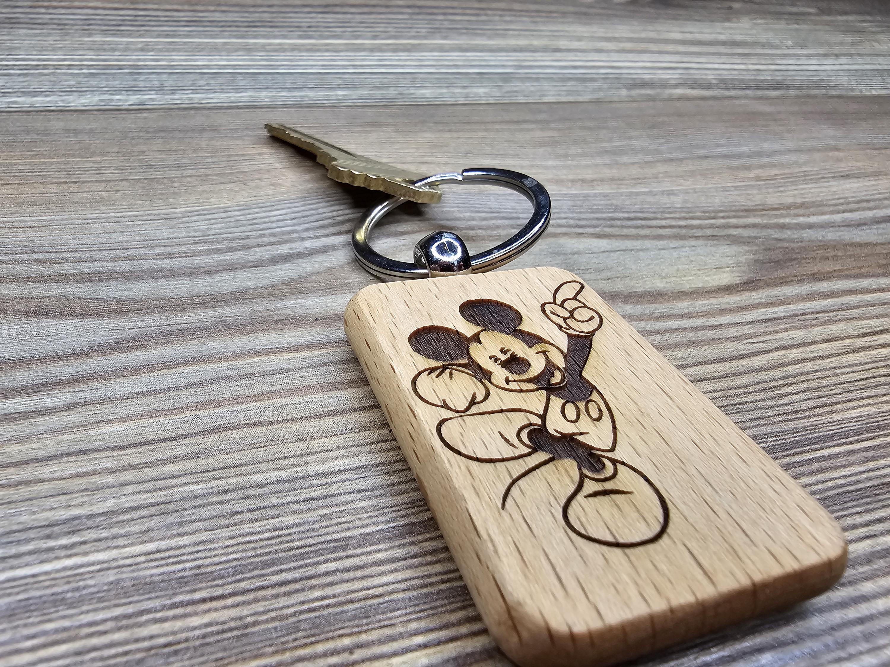 Mickey Mouse keychain / bag charm – double-sided laser engraved wood with stainless steel keyring, disney gift
