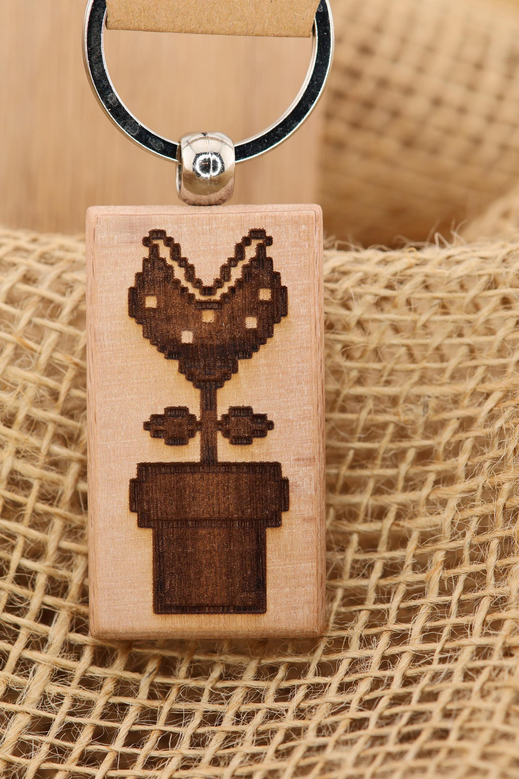 Laser engraved Mario Bros. Piranha Plant keychain / bag charm: hardwood nintendo gamer gift