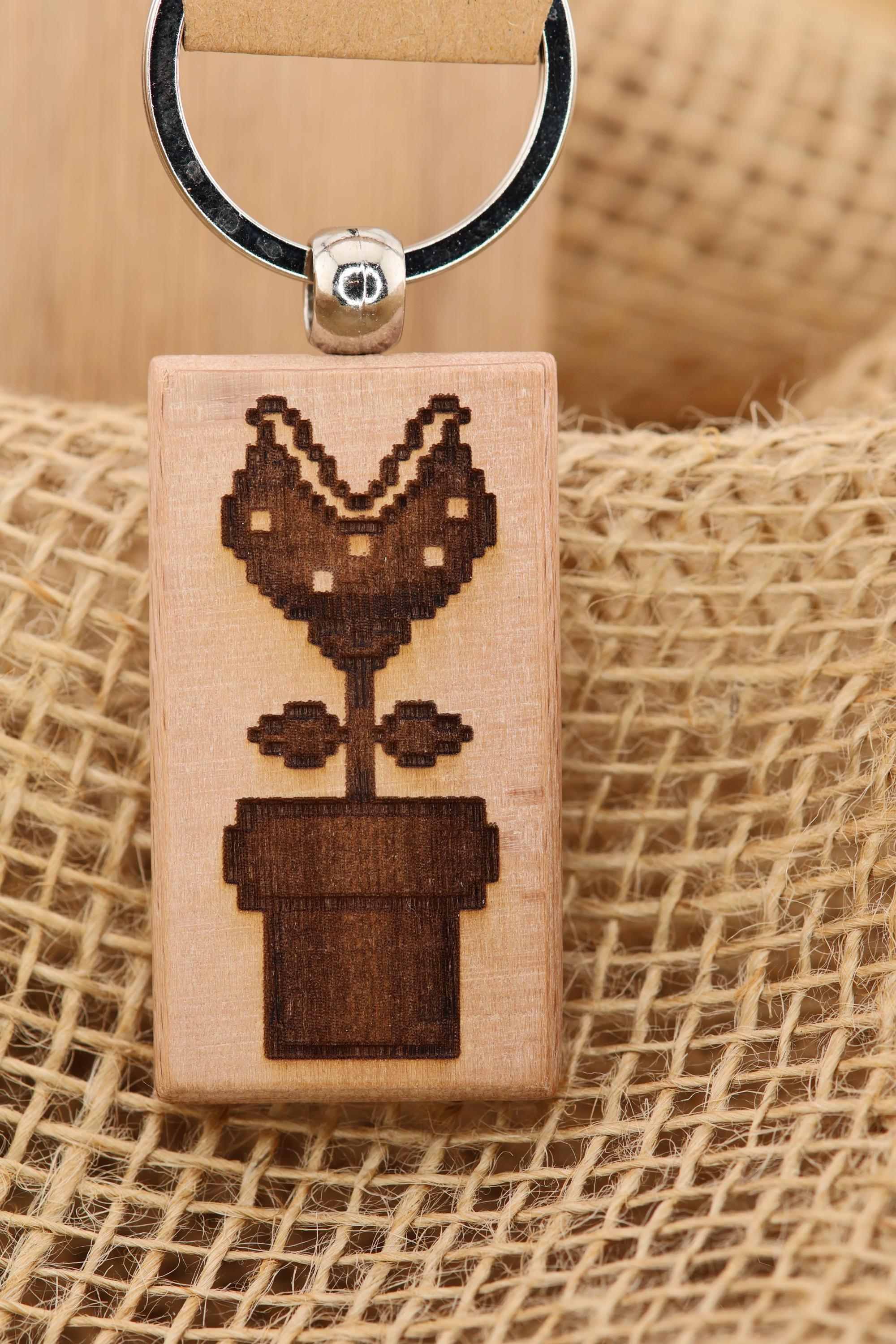 Laser engraved Mario Bros. Piranha Plant keychain / bag charm: hardwood nintendo gamer gift