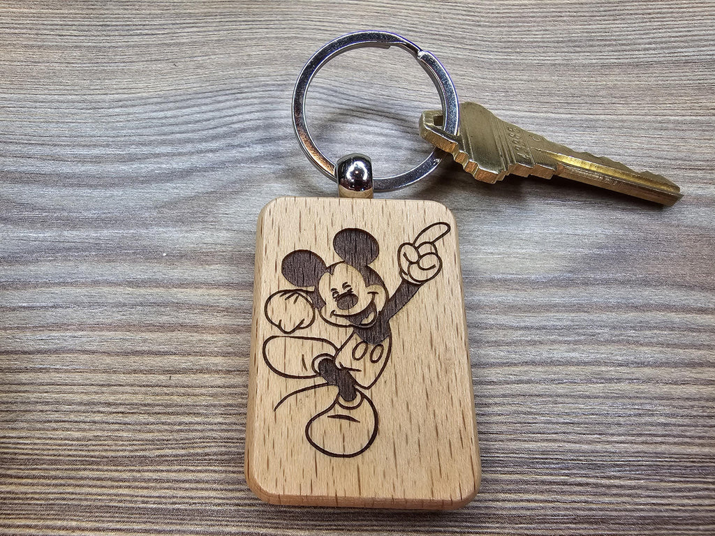 Mickey Mouse keychain / bag charm – double-sided laser engraved wood with stainless steel keyring, disney gift