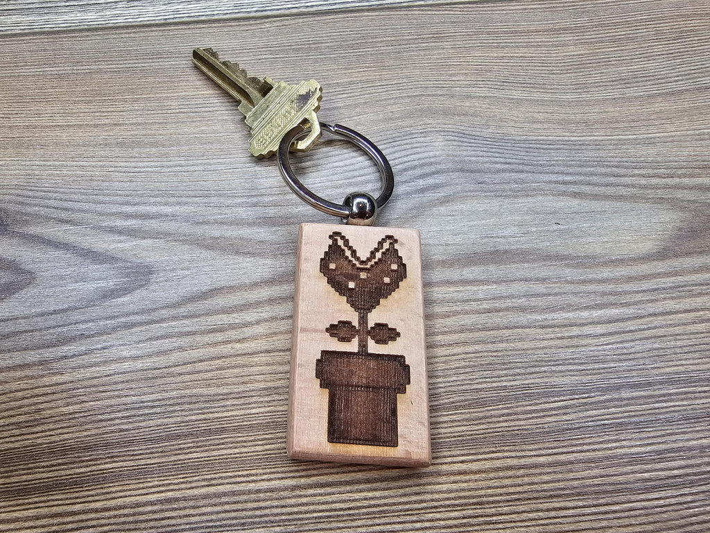 Laser engraved Mario Bros. Piranha Plant keychain / bag charm: hardwood nintendo gamer gift